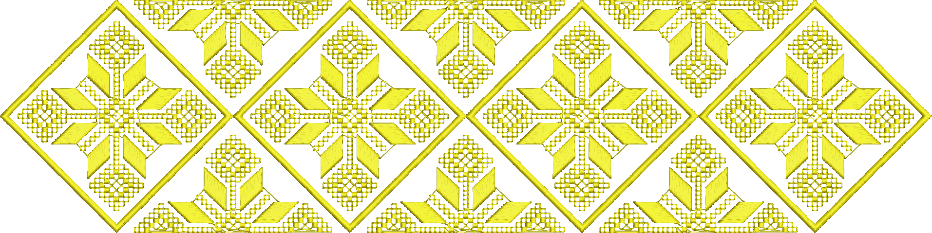 Embroidery design: A repeating geometric embroidery pattern in solid yellow, featuring diamond shapes arranged to create star-like motifs.