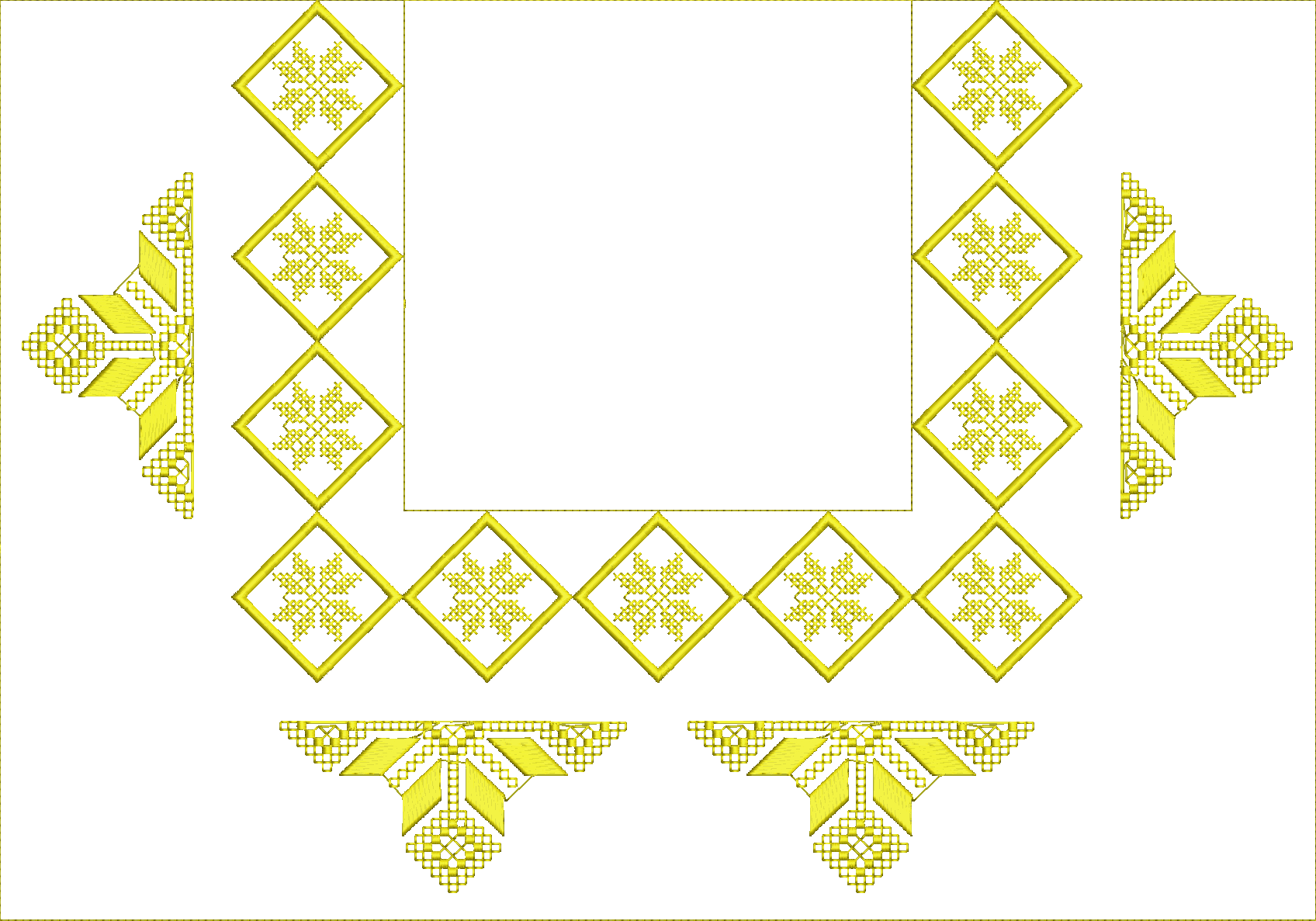 Embroidery design: A yellow embroidery design featuring a symmetrical border with diamond-shaped motifs, each containing an intricate star-