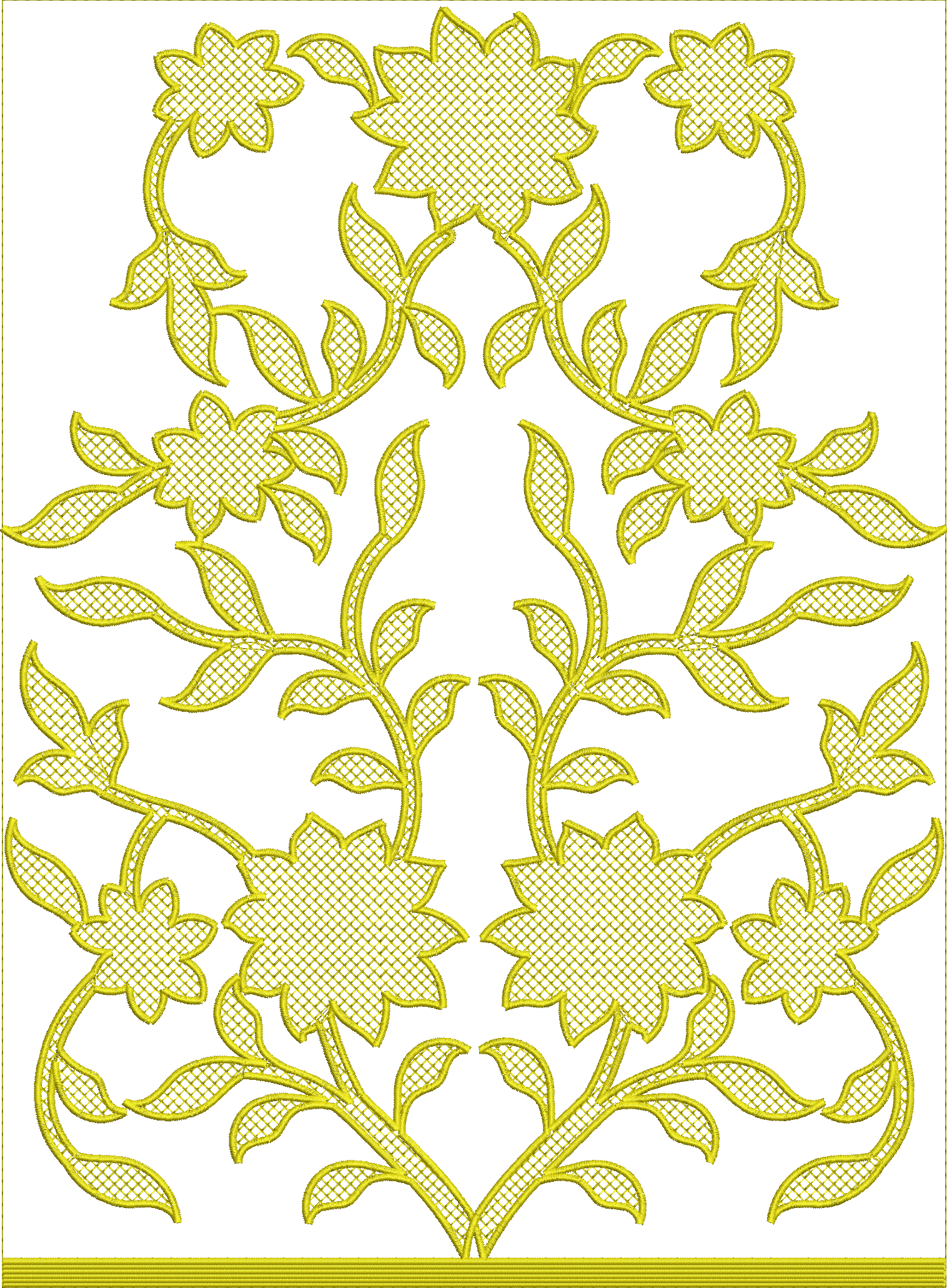 Embroidery design: A symmetrical, decorative embroidery design in yellow featuring scrolling vines with leaves and floral motifs in a lace-