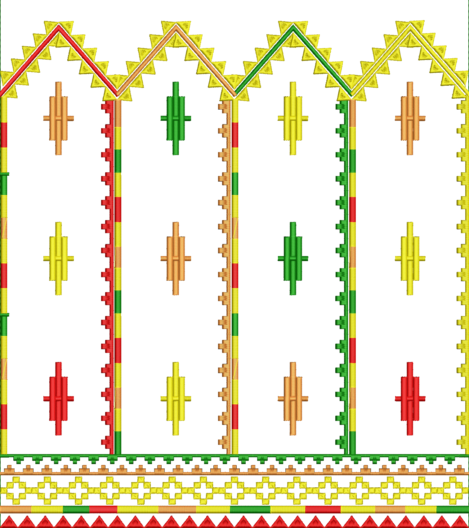 Embroidery design: An embroidery design featuring a series of arched structures with intricate geometric patterns and borders in red, green