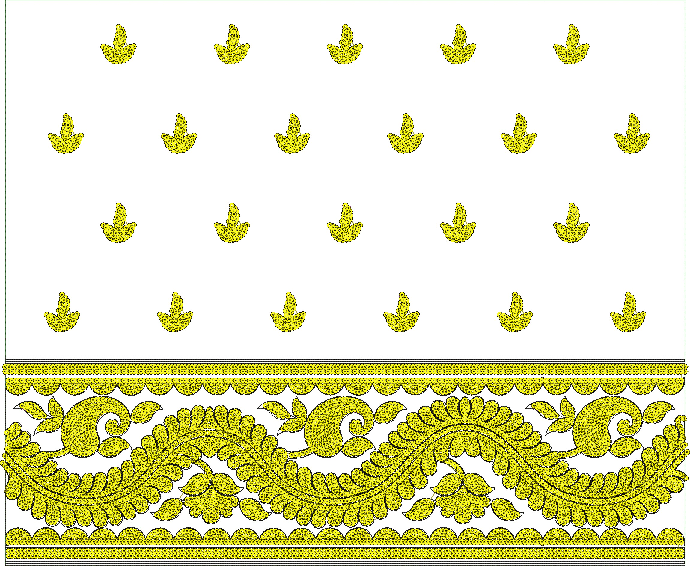 Embroidery design: A digital embroidery design featuring a white background with scattered yellow leaf-like motifs. The bottom of the desig