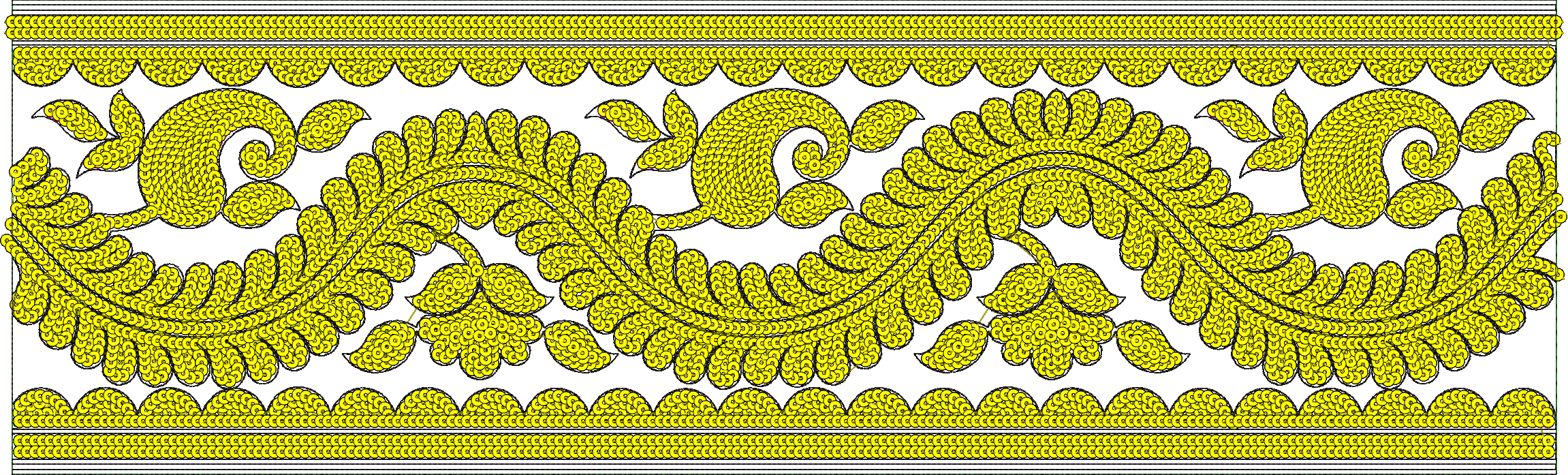 Embroidery design: A yellow horizontal border embroidery design featuring paisley and floral motifs with dense circular fill, in a symmetri
