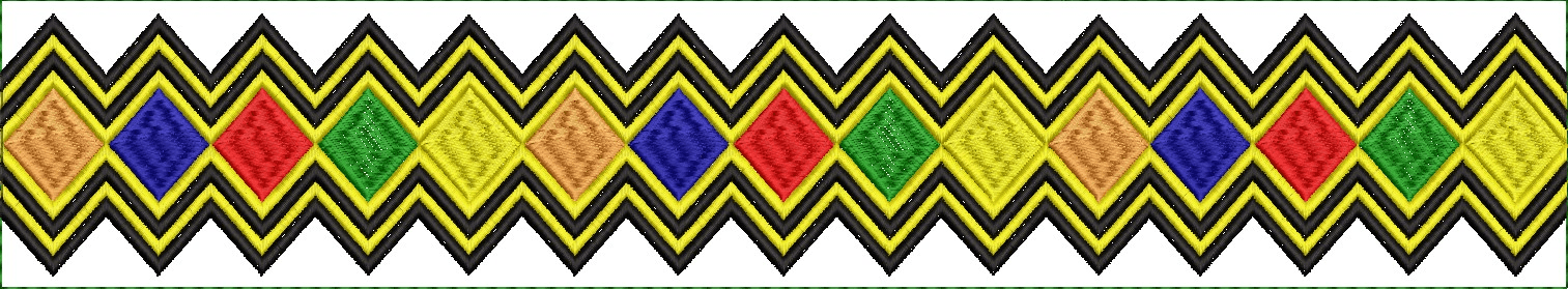 Embroidery design: A repeating geometric border design featuring colorful diamond shapes in orange, blue, red, green, and yellow, with blac