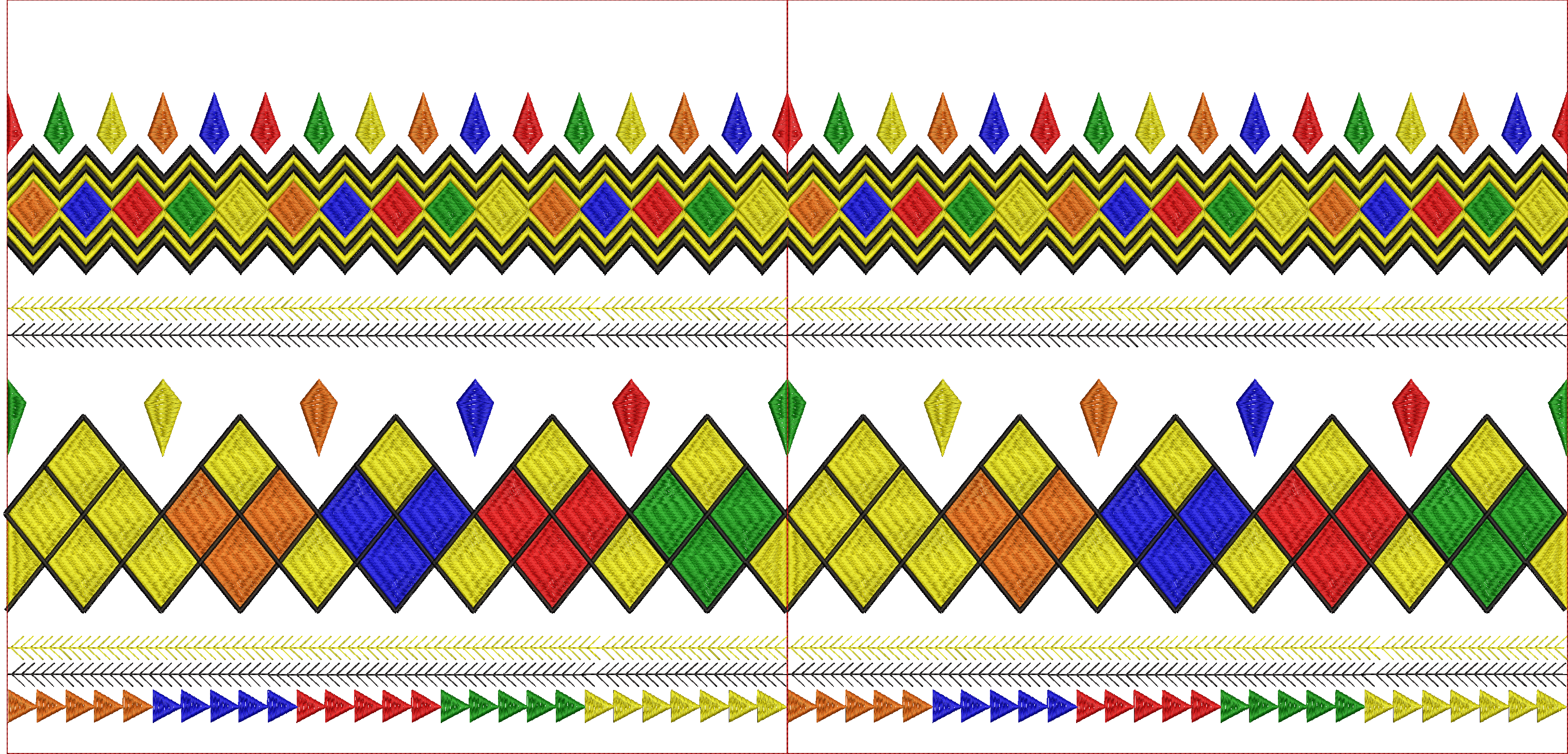 Embroidery design: A decorative embroidery border design with repeating geometric patterns including diamonds and chevrons in red, green, b