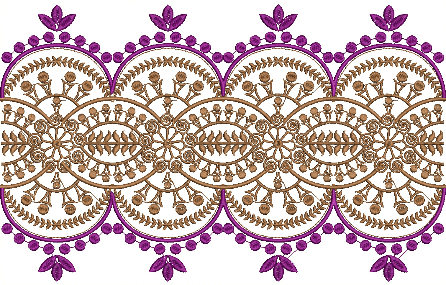 Embroidery design: A decorative embroidery border with repeating symmetrical geometric and floral motifs in purple and brown, featuring sca