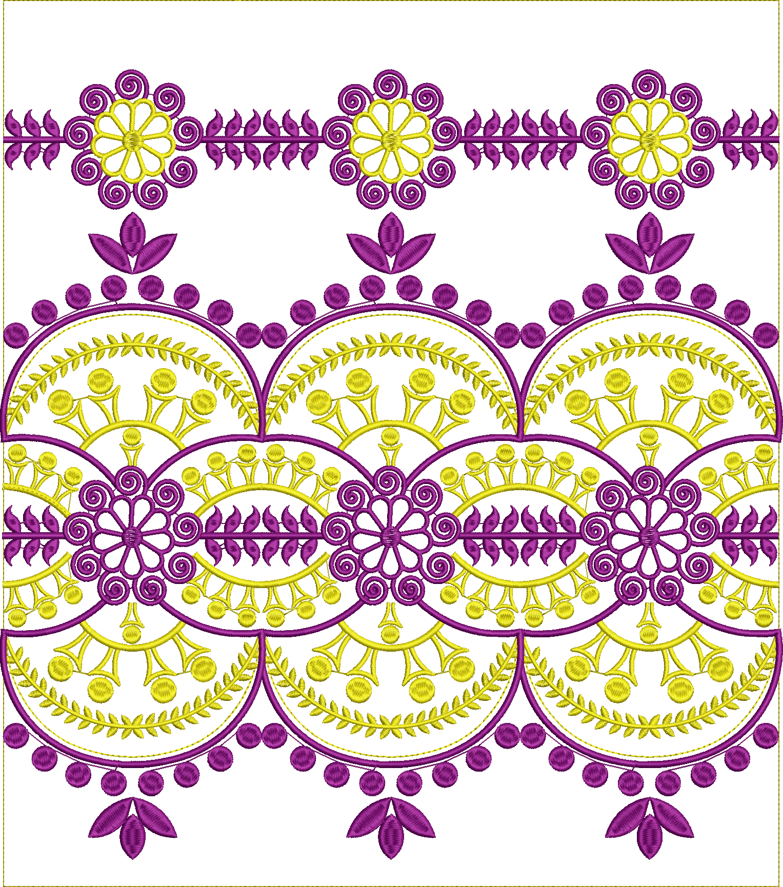 Embroidery design: A symmetrical, repeating ornamental border embroidery design in purple and yellow, featuring floral and geometric motifs