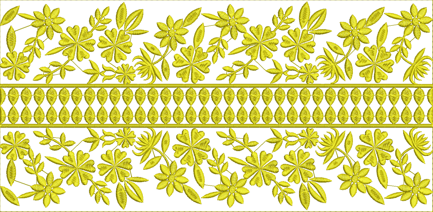Embroidery design: A continuous yellow embroidery border featuring repeating floral and foliage motifs with a decorative ornamental and bot