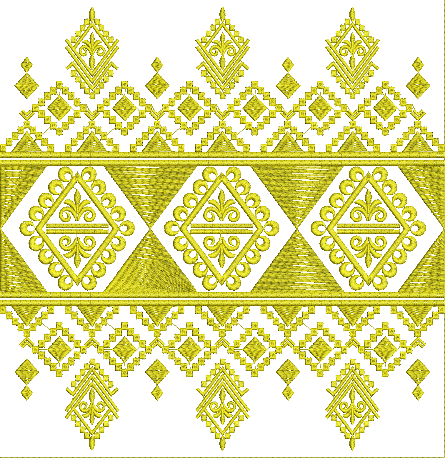 Embroidery design: A yellow ornamental embroidery design with a geometric, traditional, and ethnic style, featuring diamond motifs and a bo