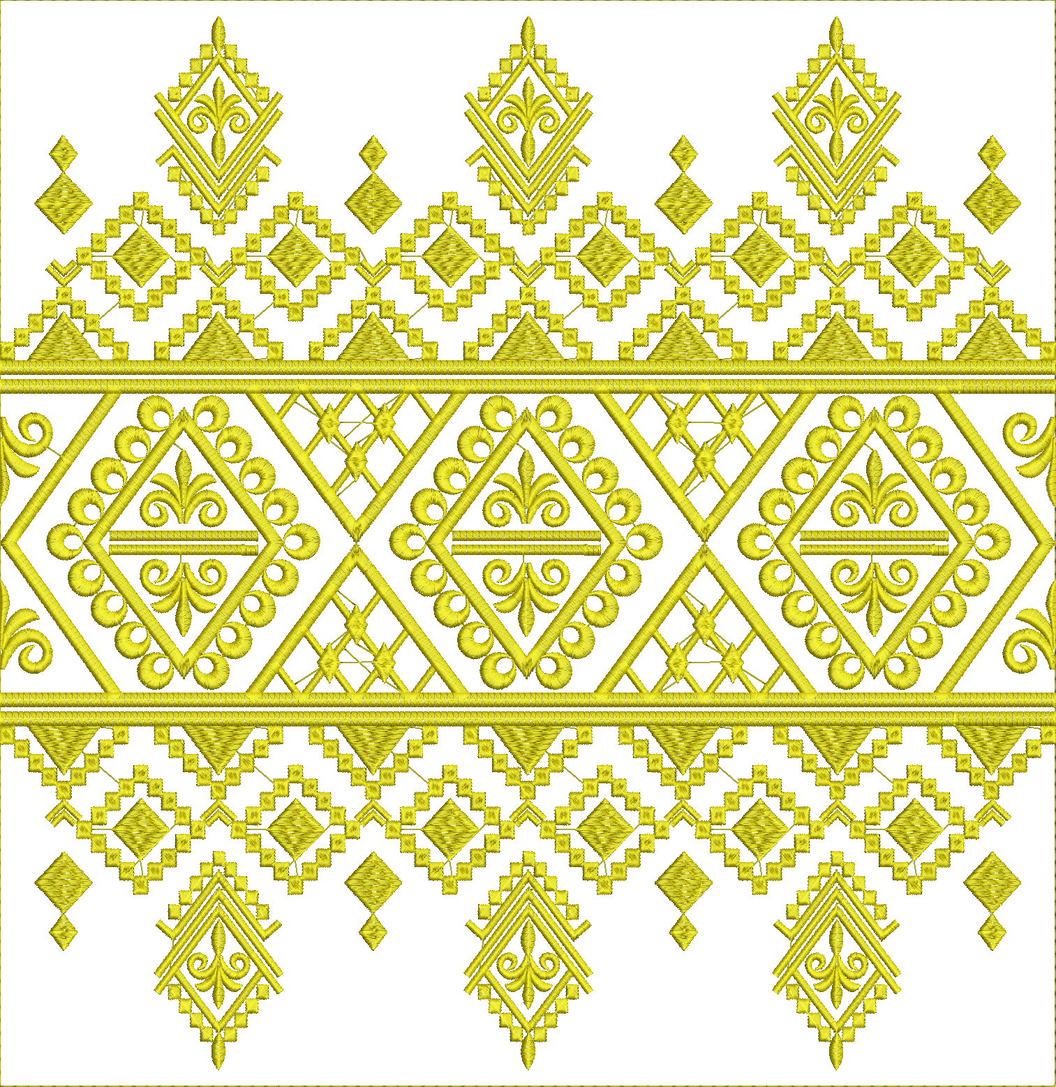 Embroidery design: A yellow embroidery design featuring a repeating horizontal border with geometric and floral elements in a traditional, 