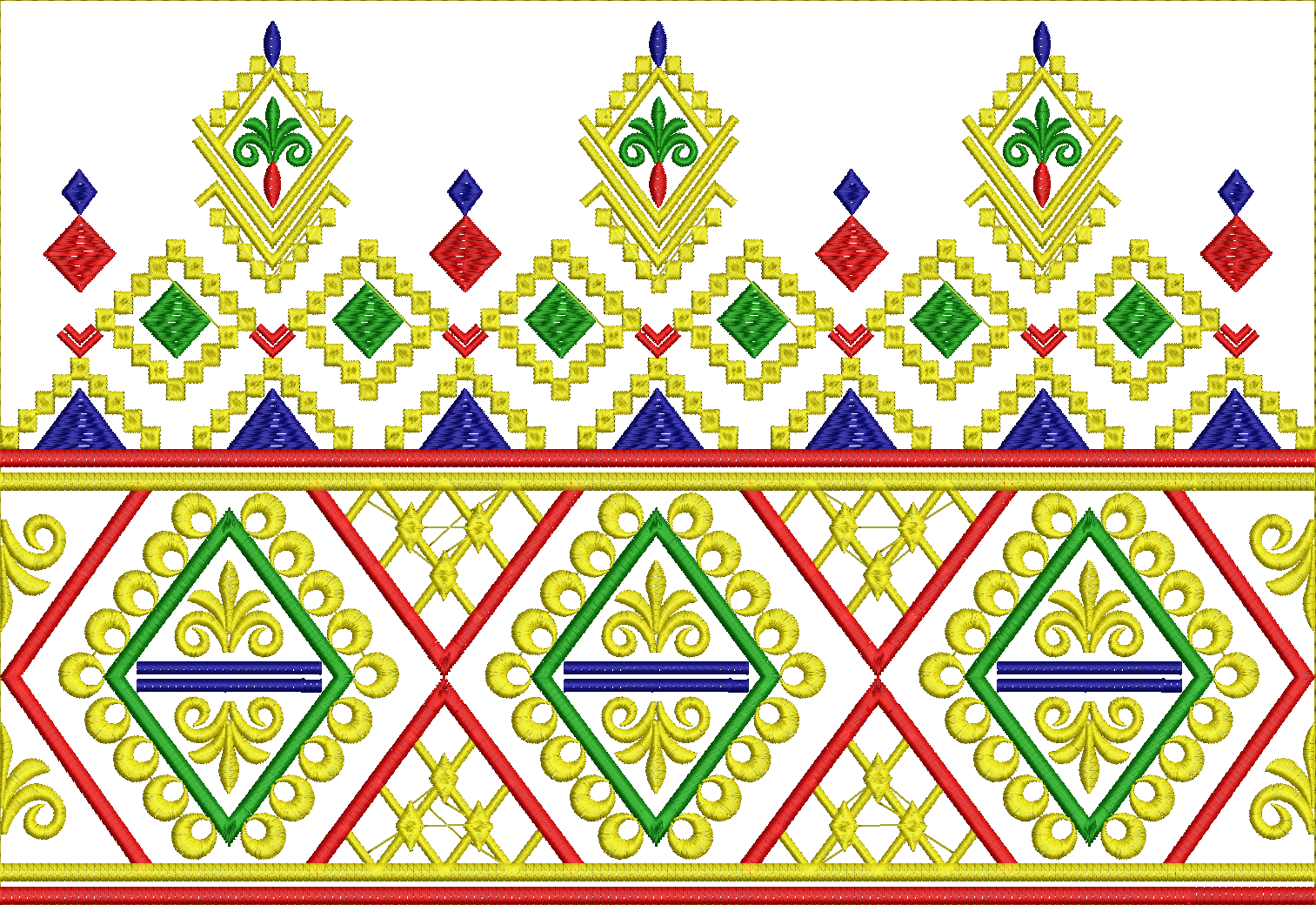 Embroidery design: A decorative embroidery border design with repeating geometric and floral motifs in red, yellow, green, and blue.