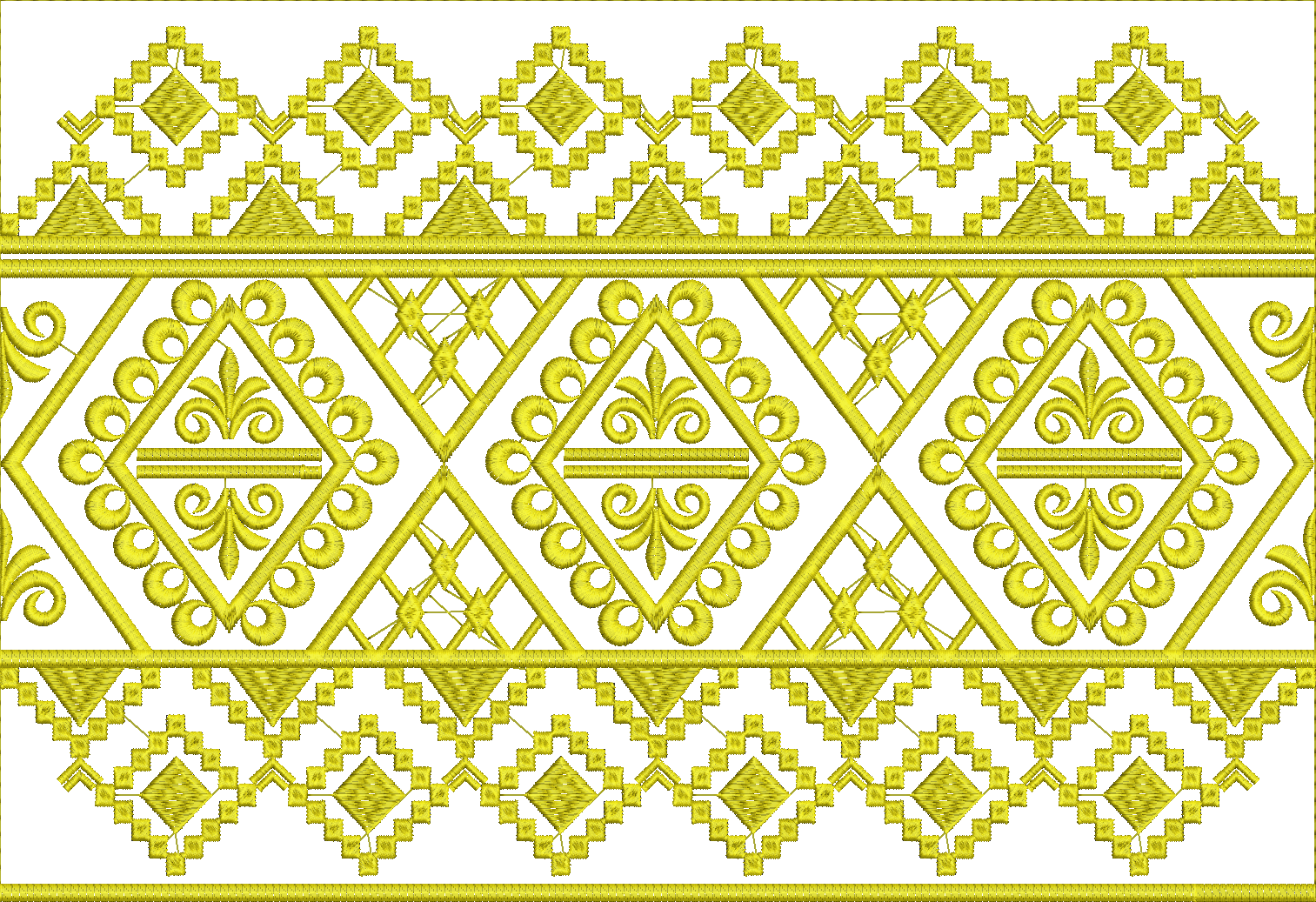 Embroidery design: A symmetrical, repeating horizontal border embroidery design in yellow, featuring geometric patterns, diamond shapes, an