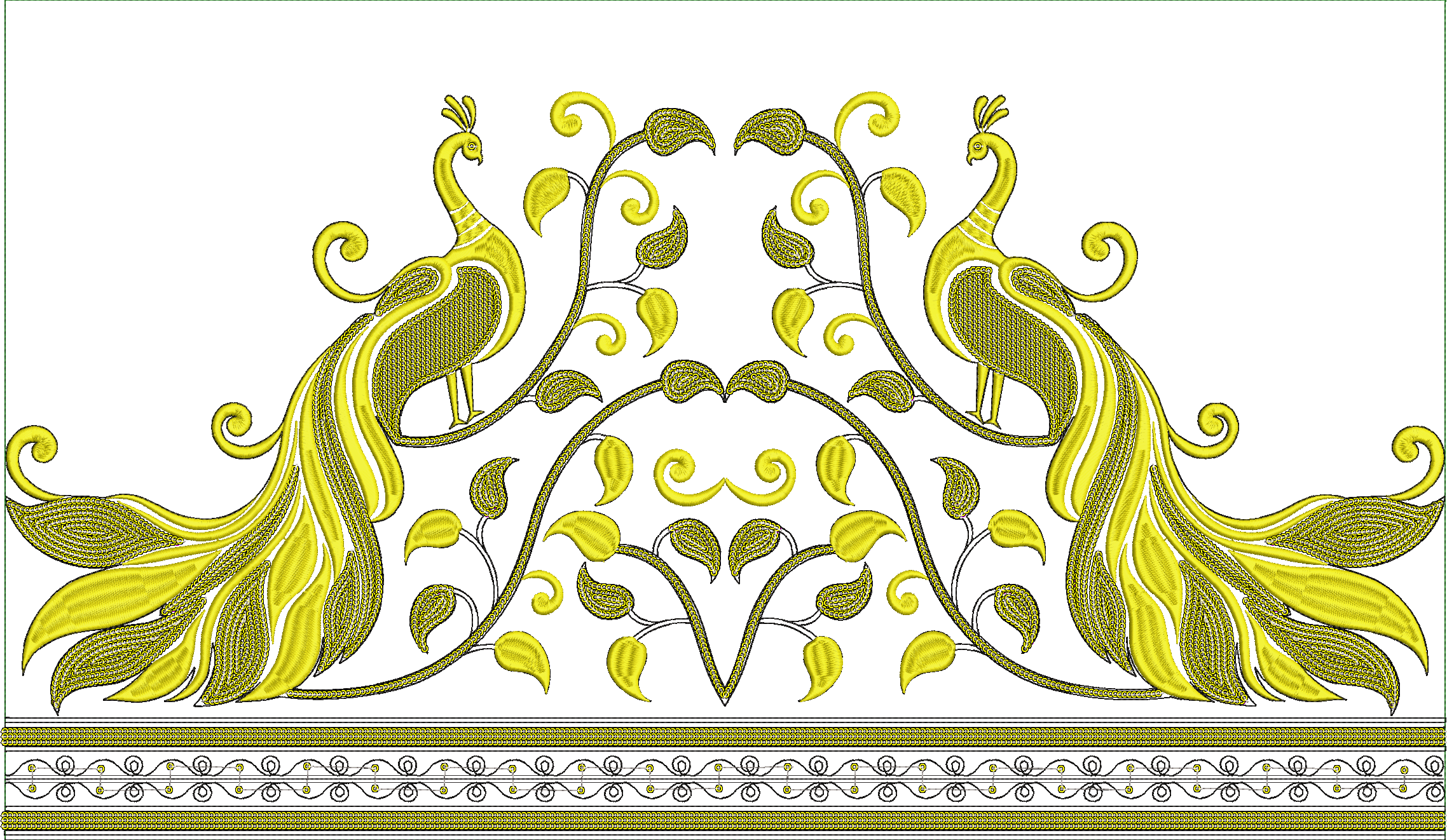 Embroidery design: A symmetrical embroidery design featuring two yellow peacocks connected by a decorative vine with leaves, and a patterne