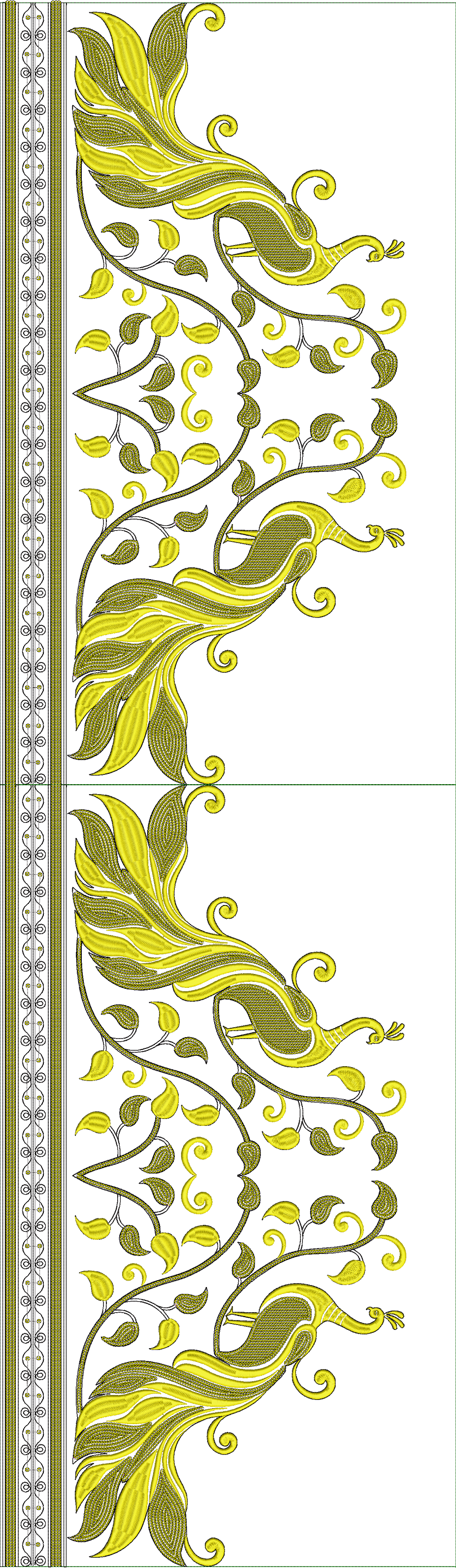 Embroidery design: Two mirrored decorative panels featuring yellow embroidered stylized birds with intricate vine and leaf patterns, border