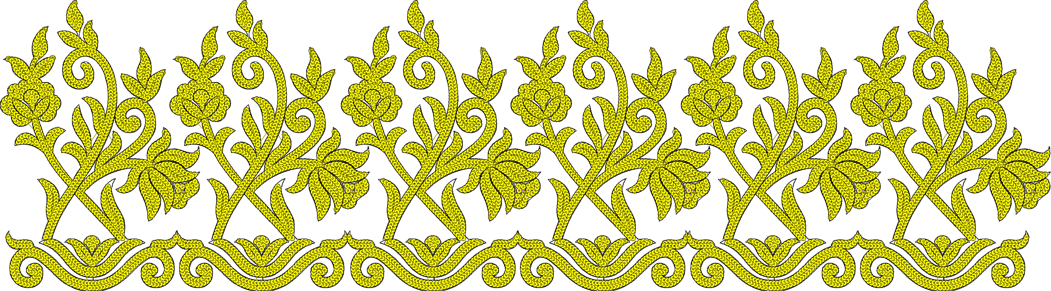 Embroidery design: A repeating, symmetrical yellow border embroidery design featuring scrolling vines, leaves, and floral motifs with a den