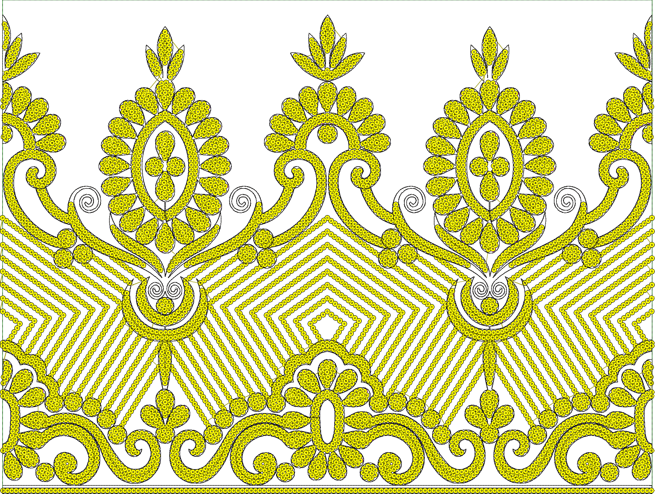 Embroidery design: A decorative yellow border with symmetrical floral and geometric motifs, rendered in a dense fill of circular patterns.