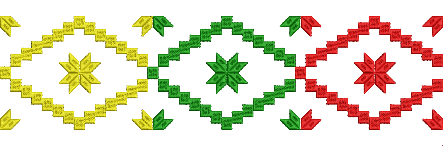 Embroidery design: A repeating geometric border embroidery design with traditional ethnic motifs in yellow, green, and red, featuring diamo