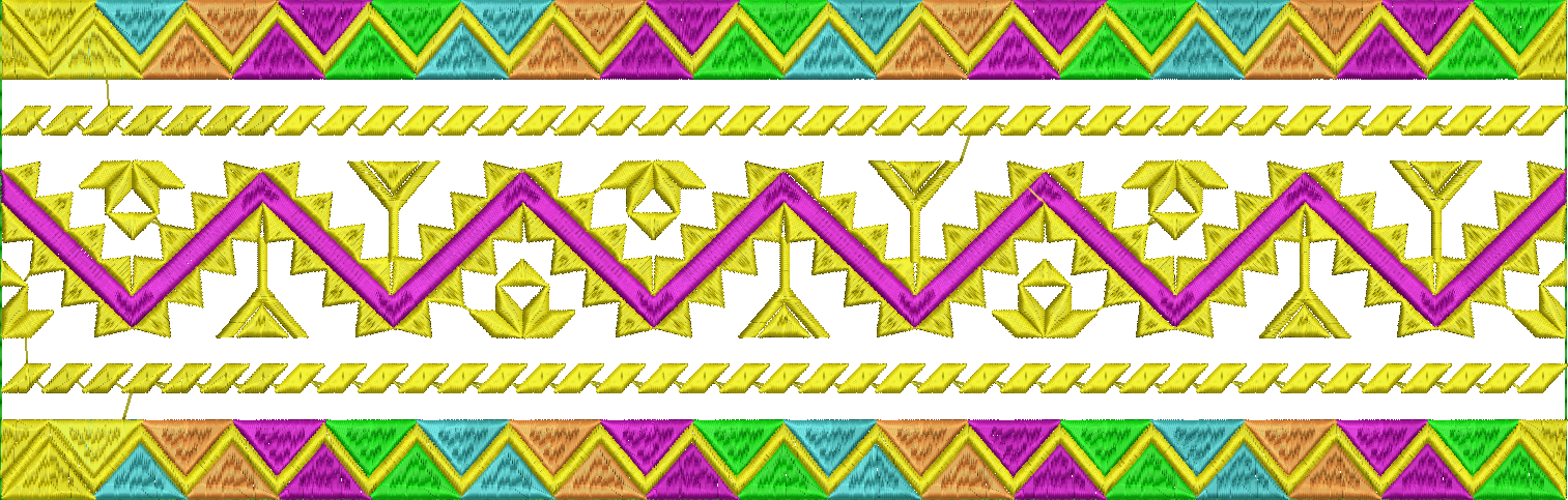 Embroidery design: A colorful geometric embroidery border with repeating chevron and diamond patterns in yellow, magenta, green, teal, and 