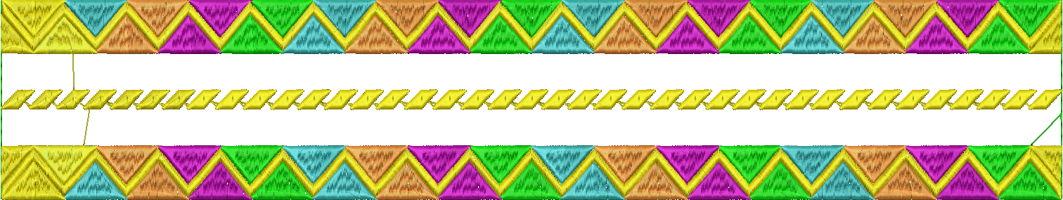 Embroidery design: A decorative border with a repeating geometric pattern of colorful chevrons and a central yellow chain-like motif.