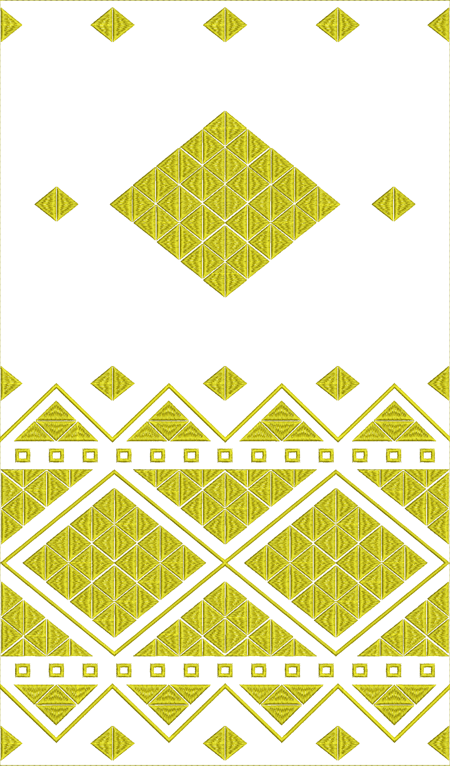 Embroidery design: A decorative embroidery design featuring a repeating geometric pattern of diamonds and triangles in gold, with a symmetr