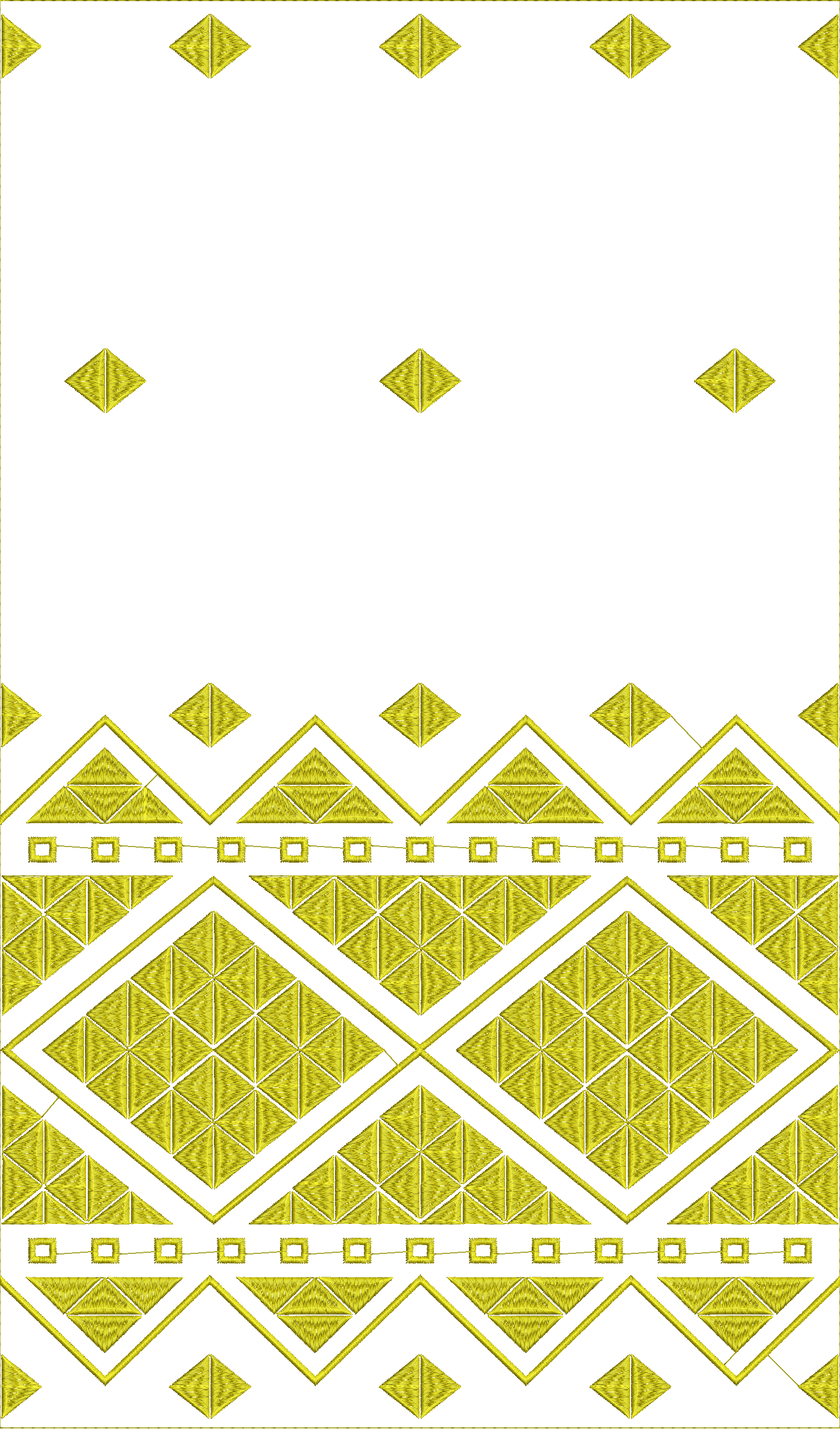 Embroidery design: A golden embroidery design featuring a repeating geometric pattern of diamonds and triangles, suitable as a border or tr