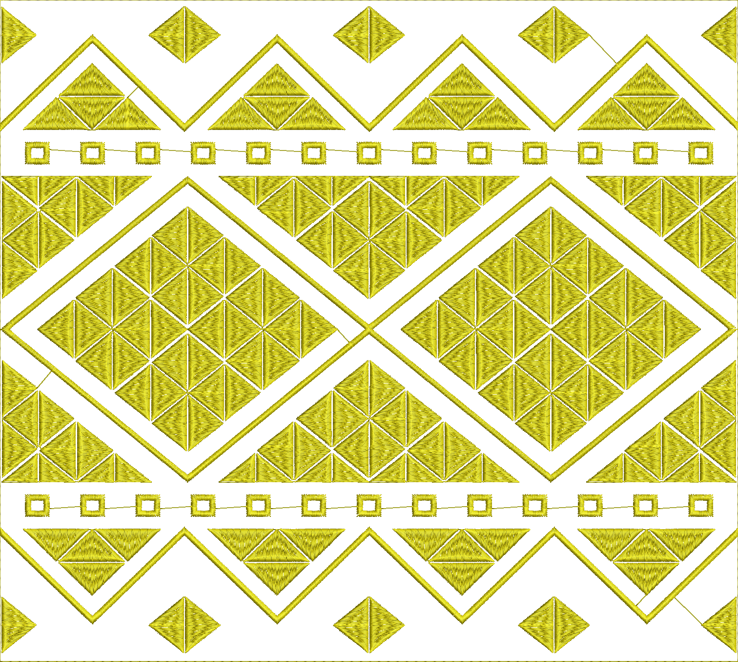 Embroidery design: A symmetrical and repeating all-over geometric embroidery design featuring dense fill yellow triangles and outlines form