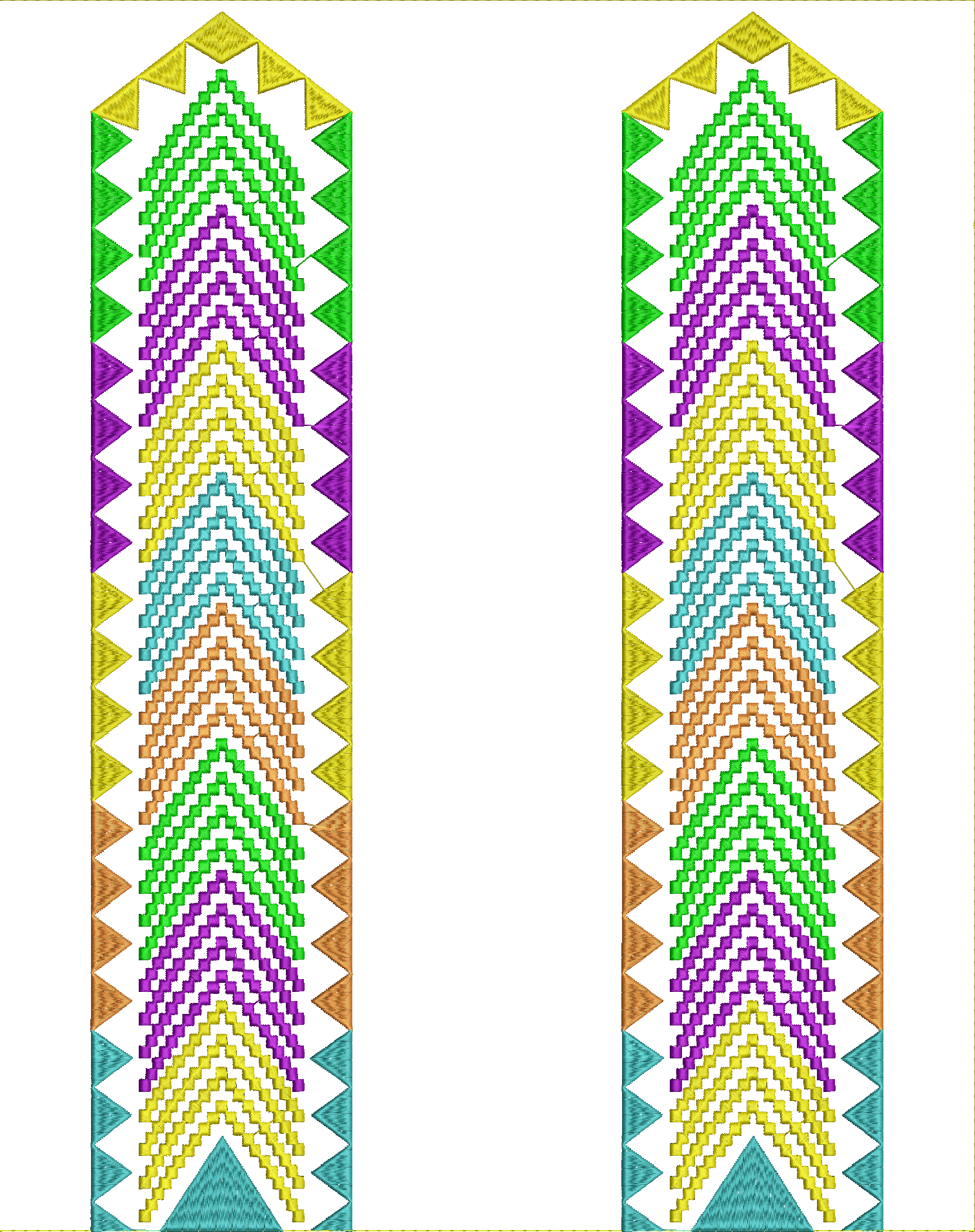 Embroidery design: A decorative, symmetrical embroidery design featuring repeating chevron patterns in yellow, green, purple, cyan, orange,