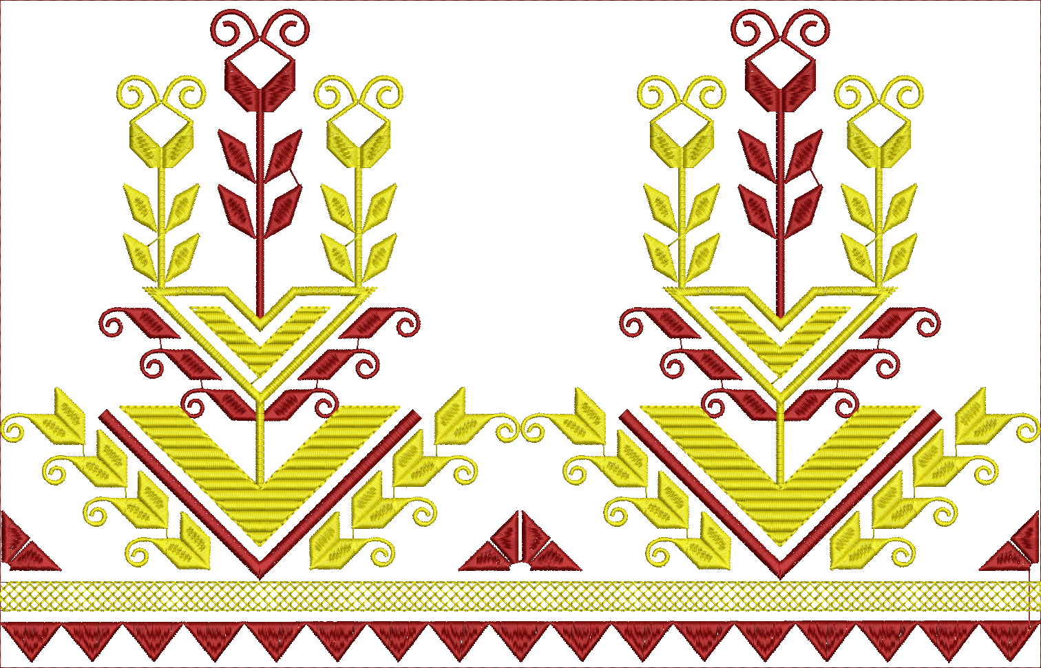 Embroidery design: A symmetrical embroidery border design with geometric and floral elements in red and yellow, featuring stylized leaves a