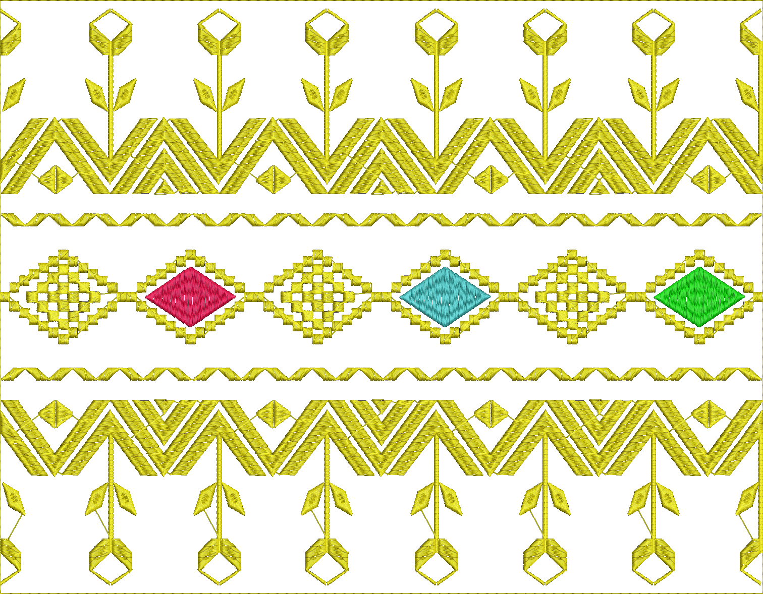 Embroidery design: A decorative border embroidery design with repeating geometric and floral elements. The design features yellow chevron p
