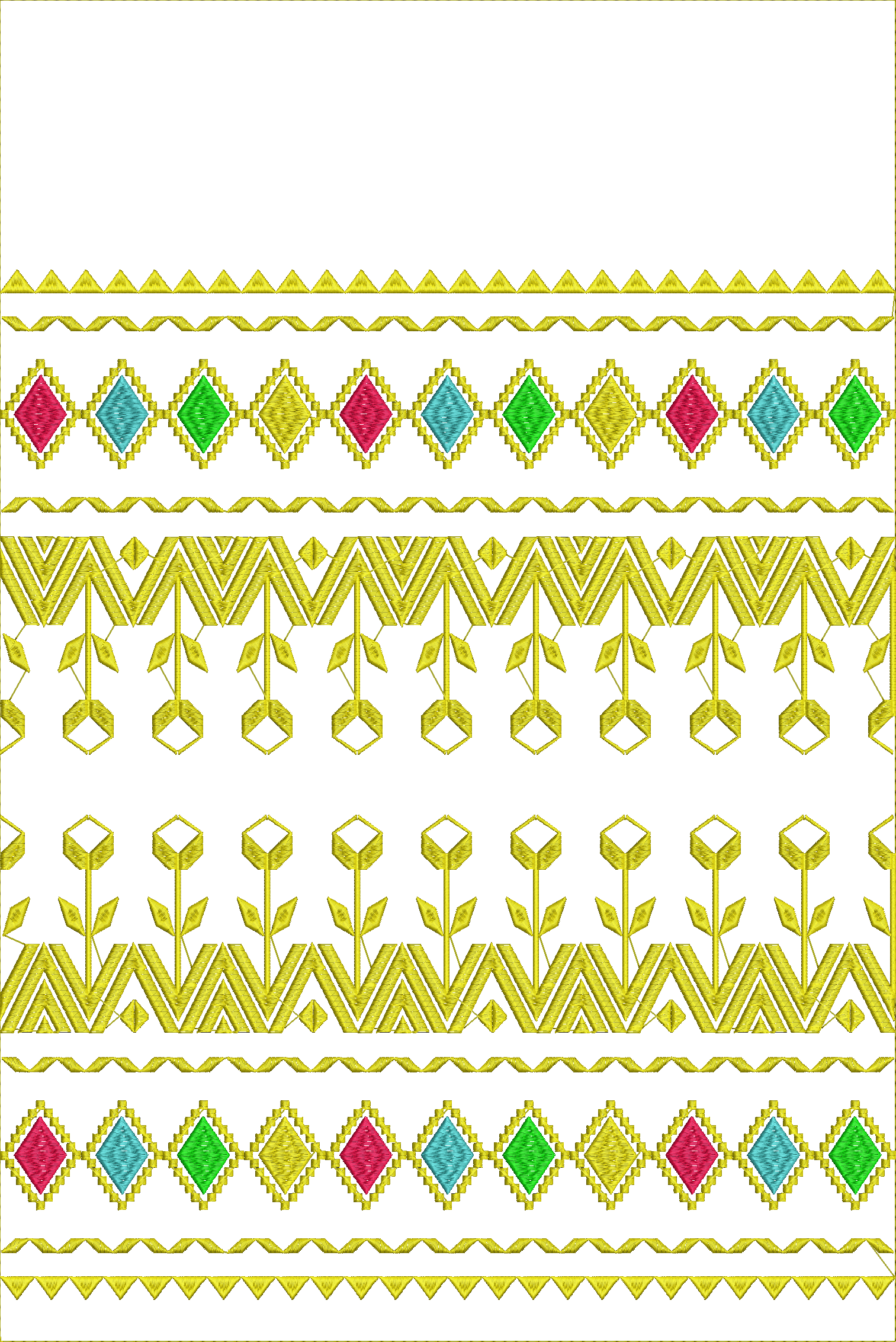 Embroidery design: A decorative embroidery border with repeating geometric and floral motifs in yellow, pink, turquoise, and green. The des