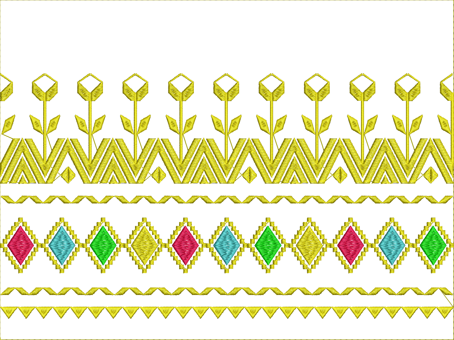 Embroidery design: An embroidery design featuring three horizontal borders. The top border has yellow stylized flowers and geometric patter