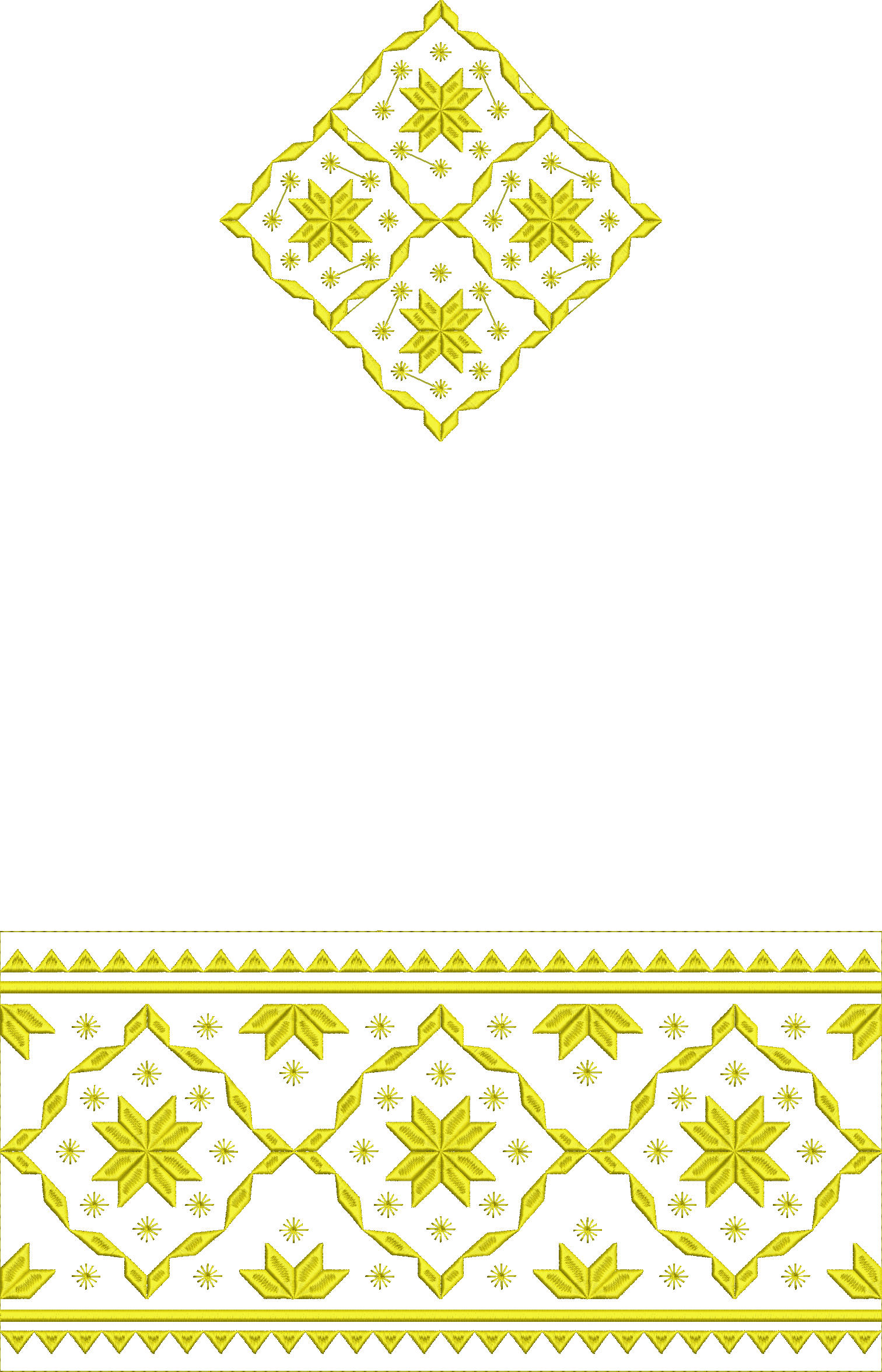 Embroidery design: An embroidery design featuring a repeating yellow geometric and ornamental pattern with diamond motifs, suitable for a b