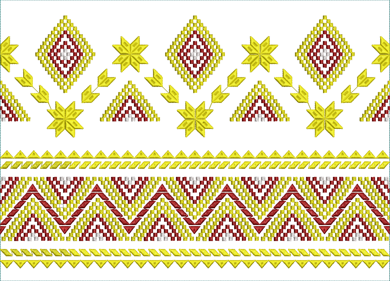 Embroidery design: A repeating horizontal embroidery border with geometric patterns in yellow, red, and white, featuring diamonds, triangle