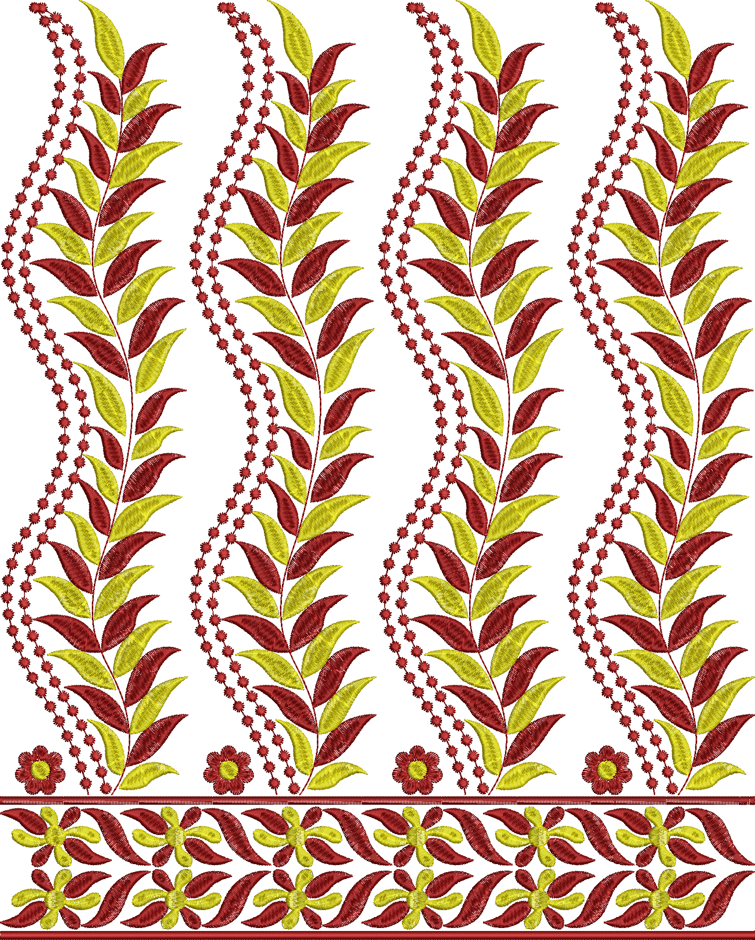 Embroidery design: A repeating border embroidery design featuring vertical arrangements of burgundy and golden-yellow leaves and a bottom b