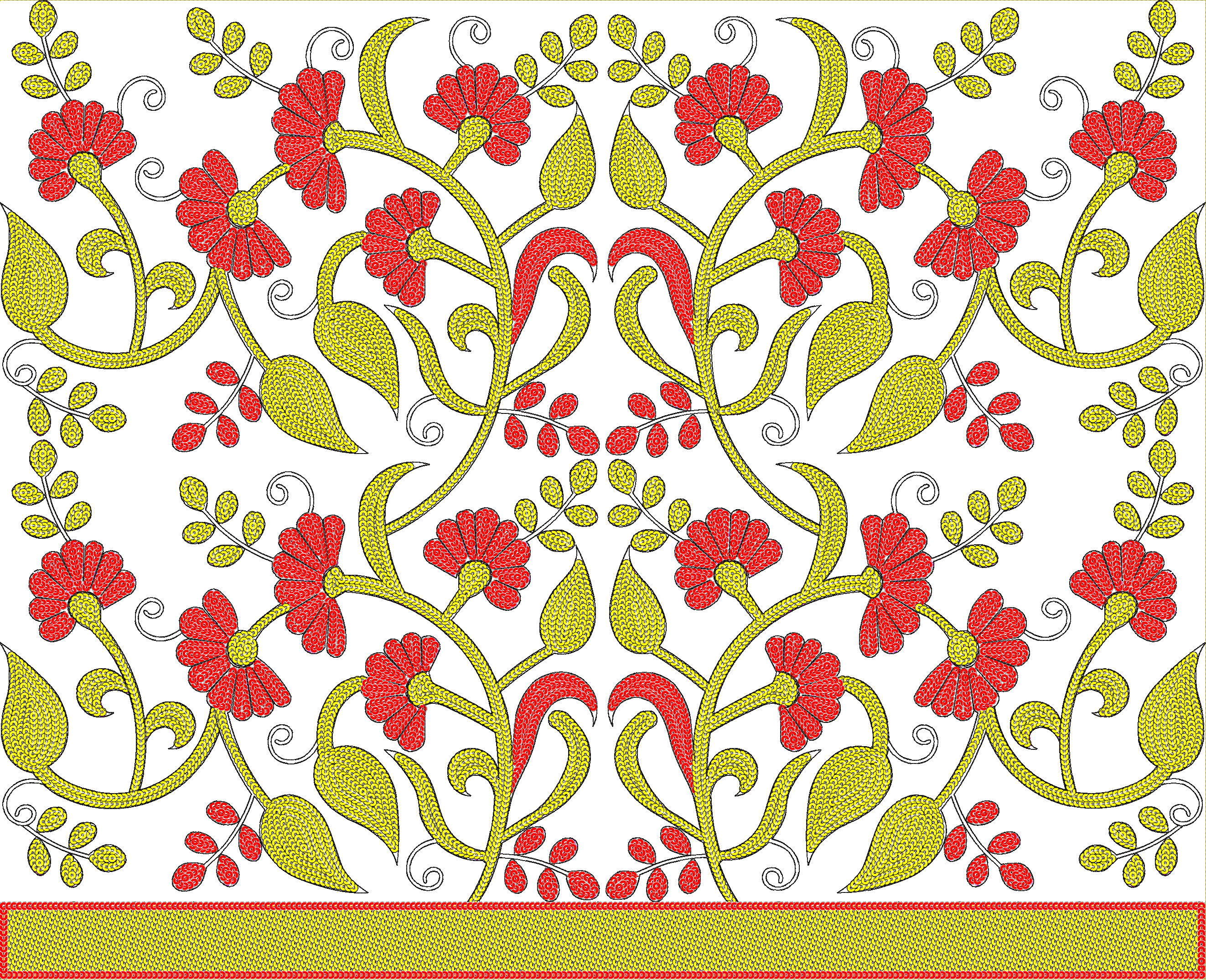Embroidery design: A symmetrical, repeating floral embroidery design with red flowers and yellow leaves and vines, featuring a decorative b