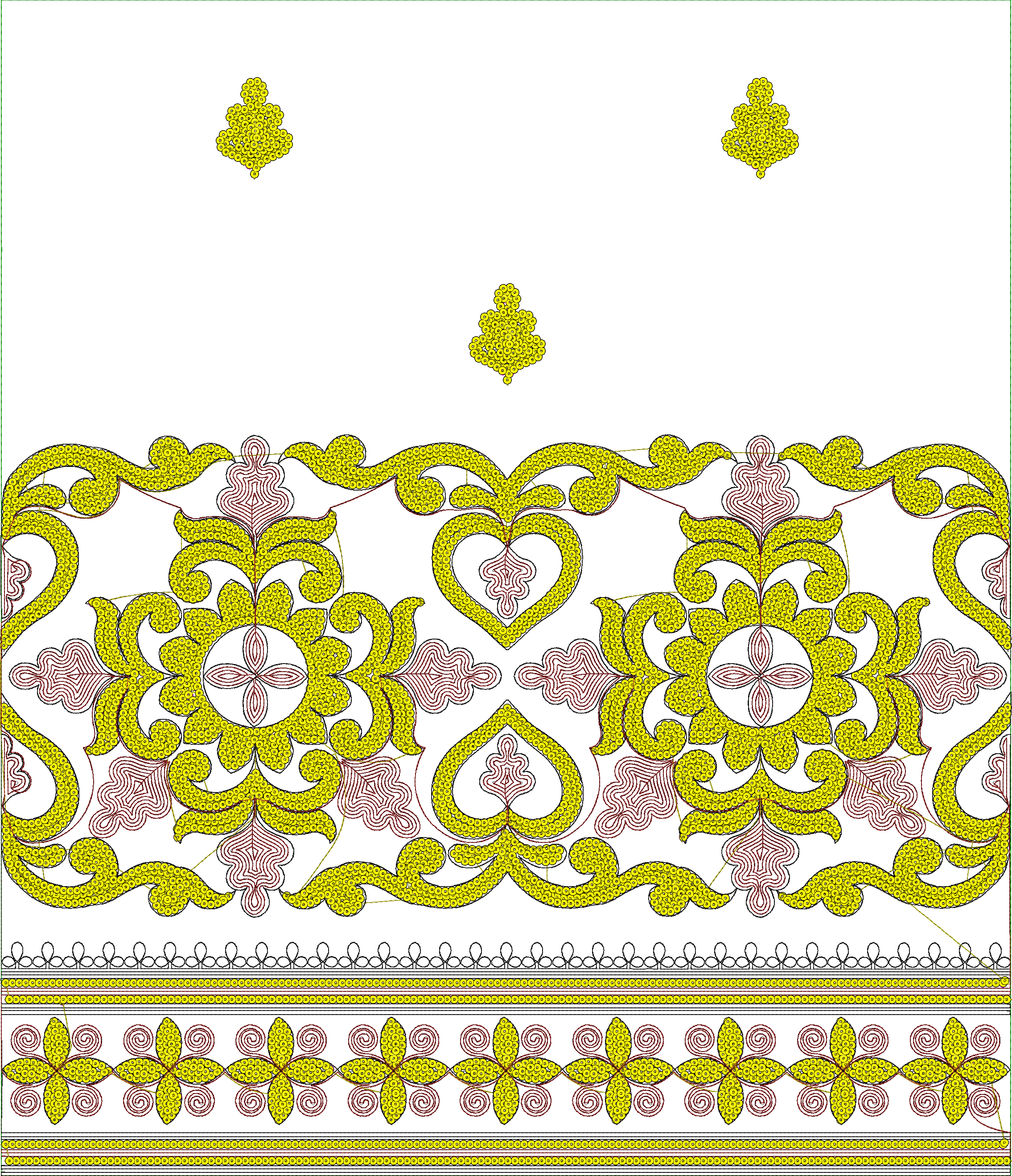 Embroidery design: A decorative embroidery design featuring a yellow and reddish-brown border with repeating floral and scrollwork motifs, 