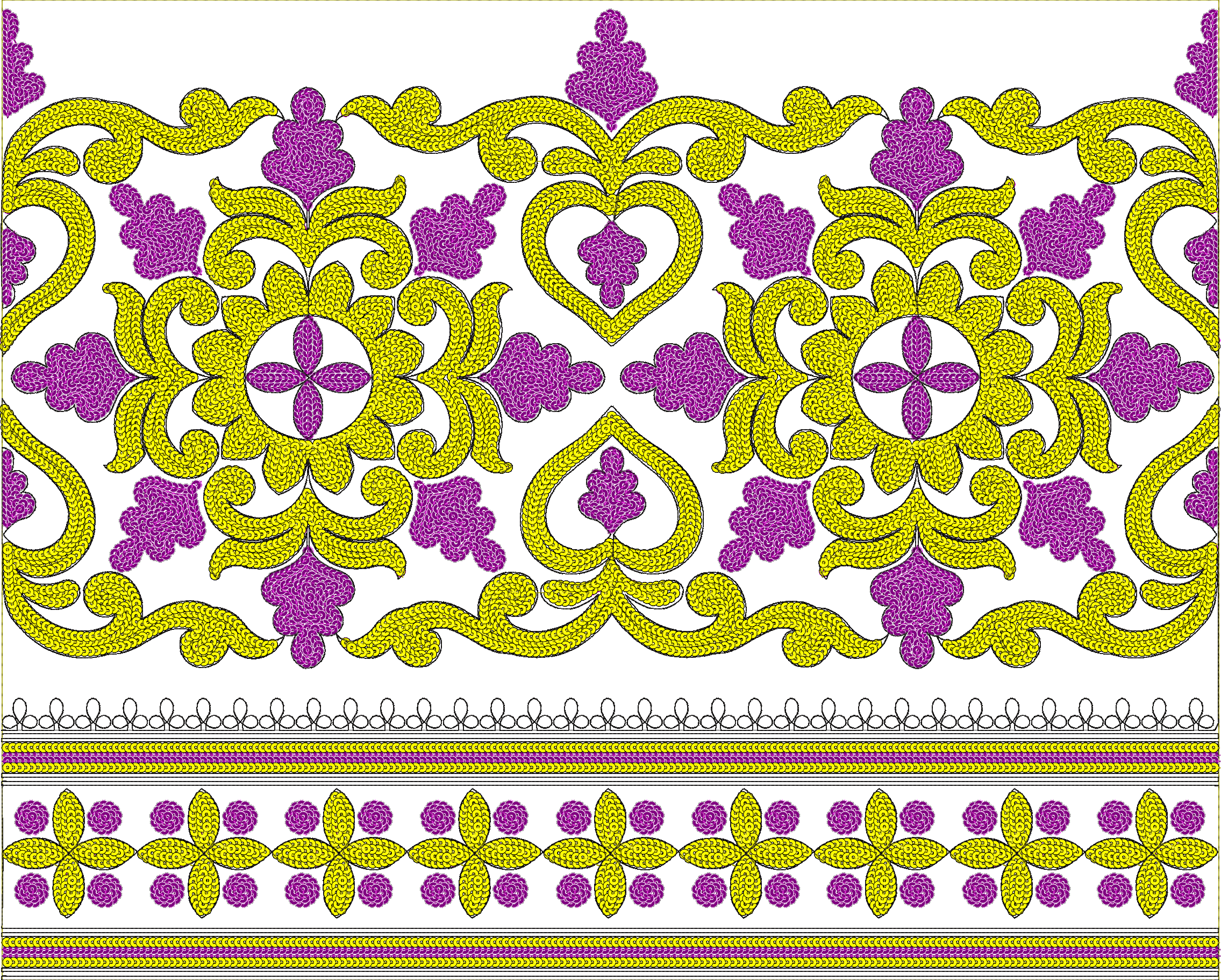 Embroidery design: A decorative, symmetrical embroidery design in a border style featuring repeating yellow and purple floral and scrollwor