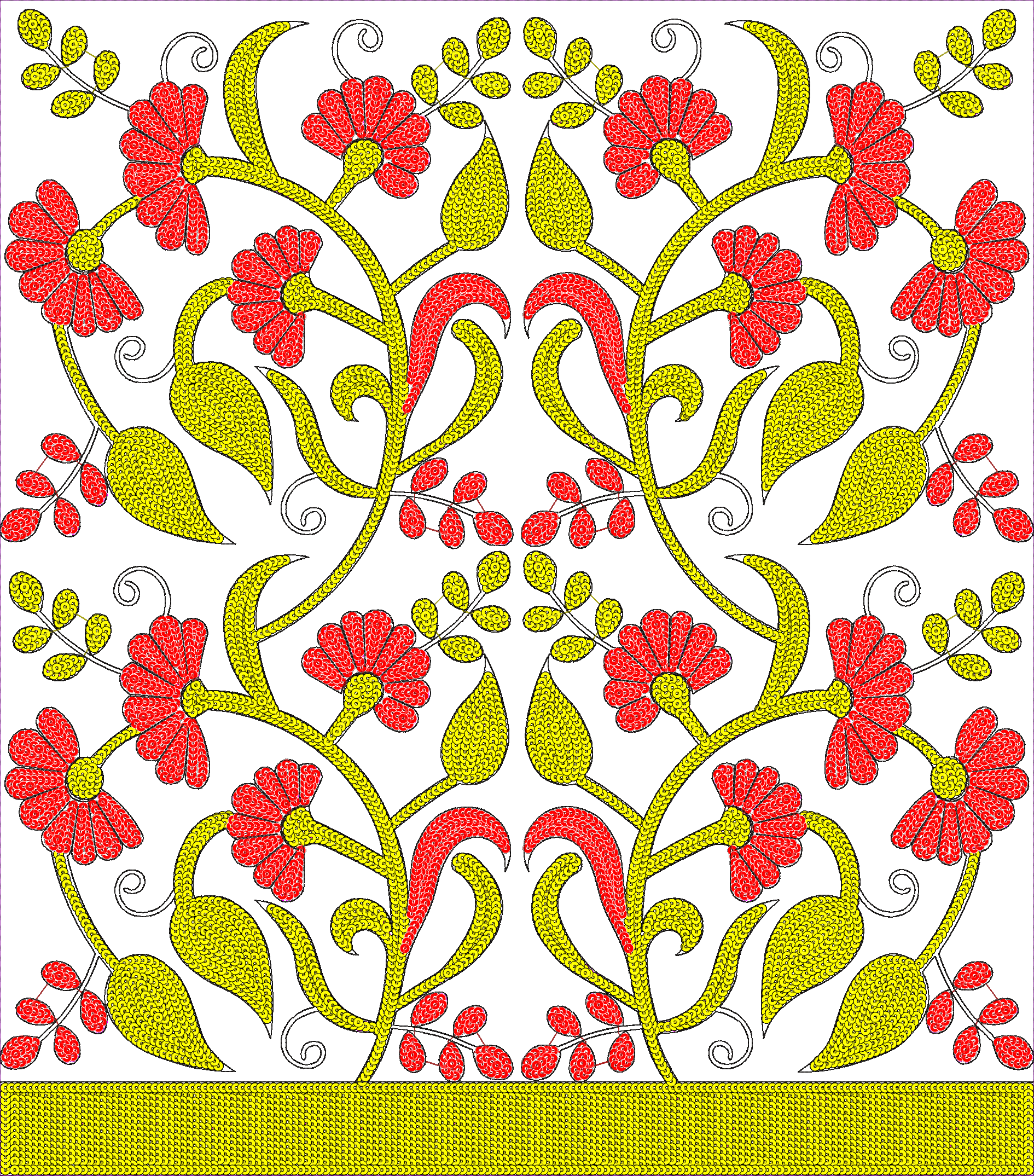 Embroidery design: A symmetrical, ornamental floral embroidery design in red and yellow, featuring repeating motifs of flowers, vines, and 