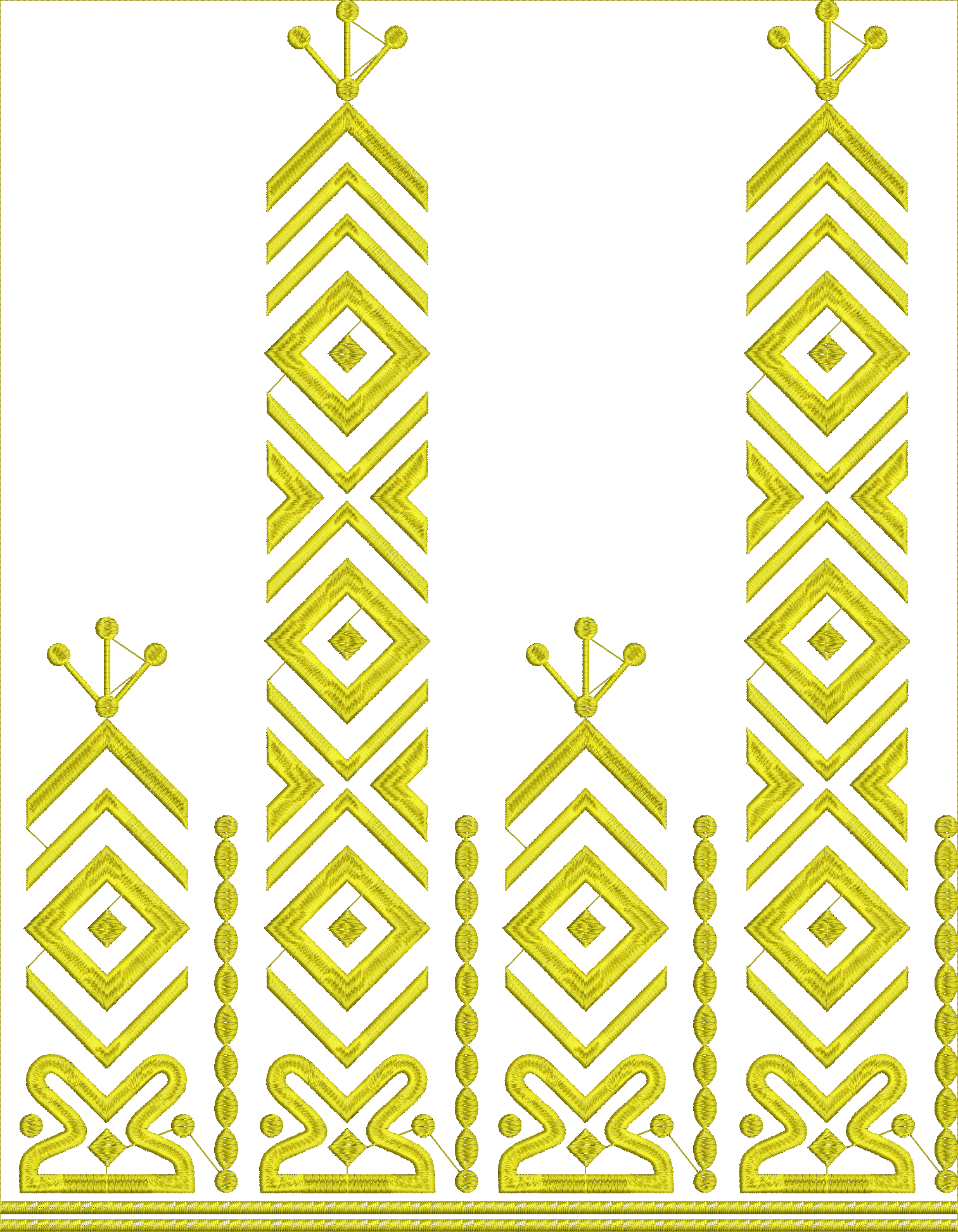 Embroidery design: A yellow embroidery design featuring a symmetrical, repeating geometric pattern with diamonds and chevrons, suitable for