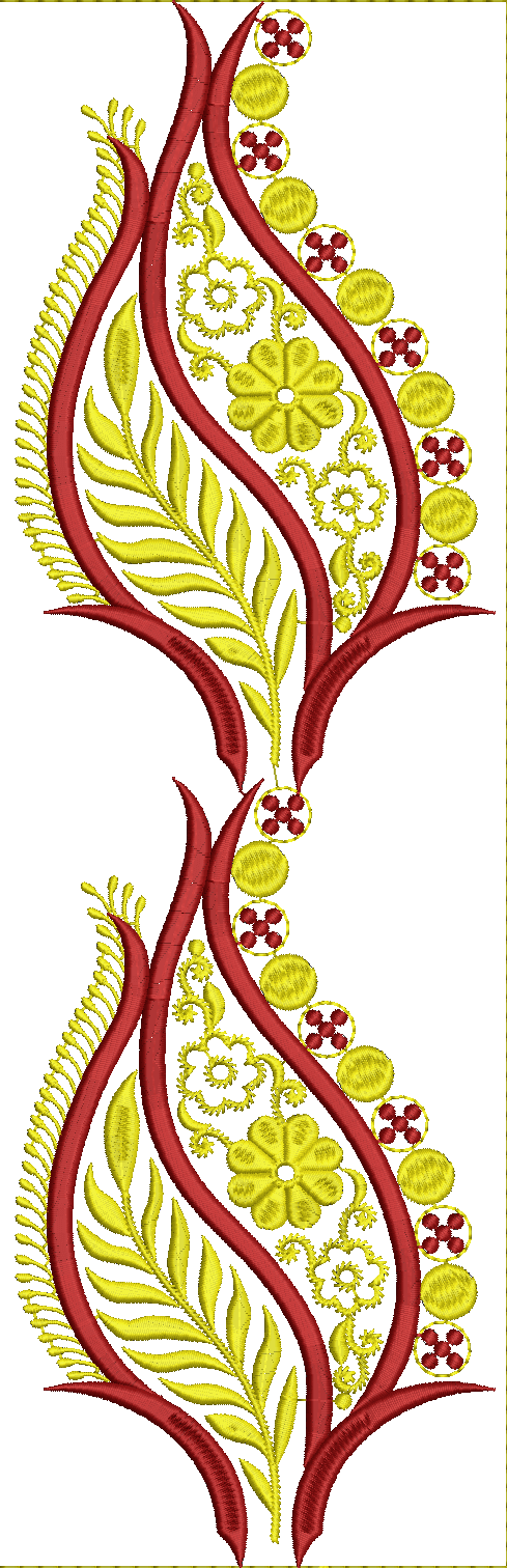 Embroidery design: A vertical embroidery design with symmetrical arrangement of red and yellow ornamental elements. It features red flame-l