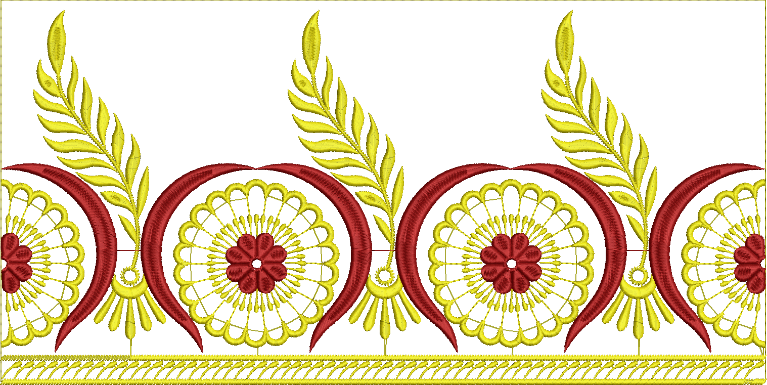 Embroidery design: A decorative embroidery border with repeating symmetrical elements in red and yellow, featuring floral, geometric, leaf,