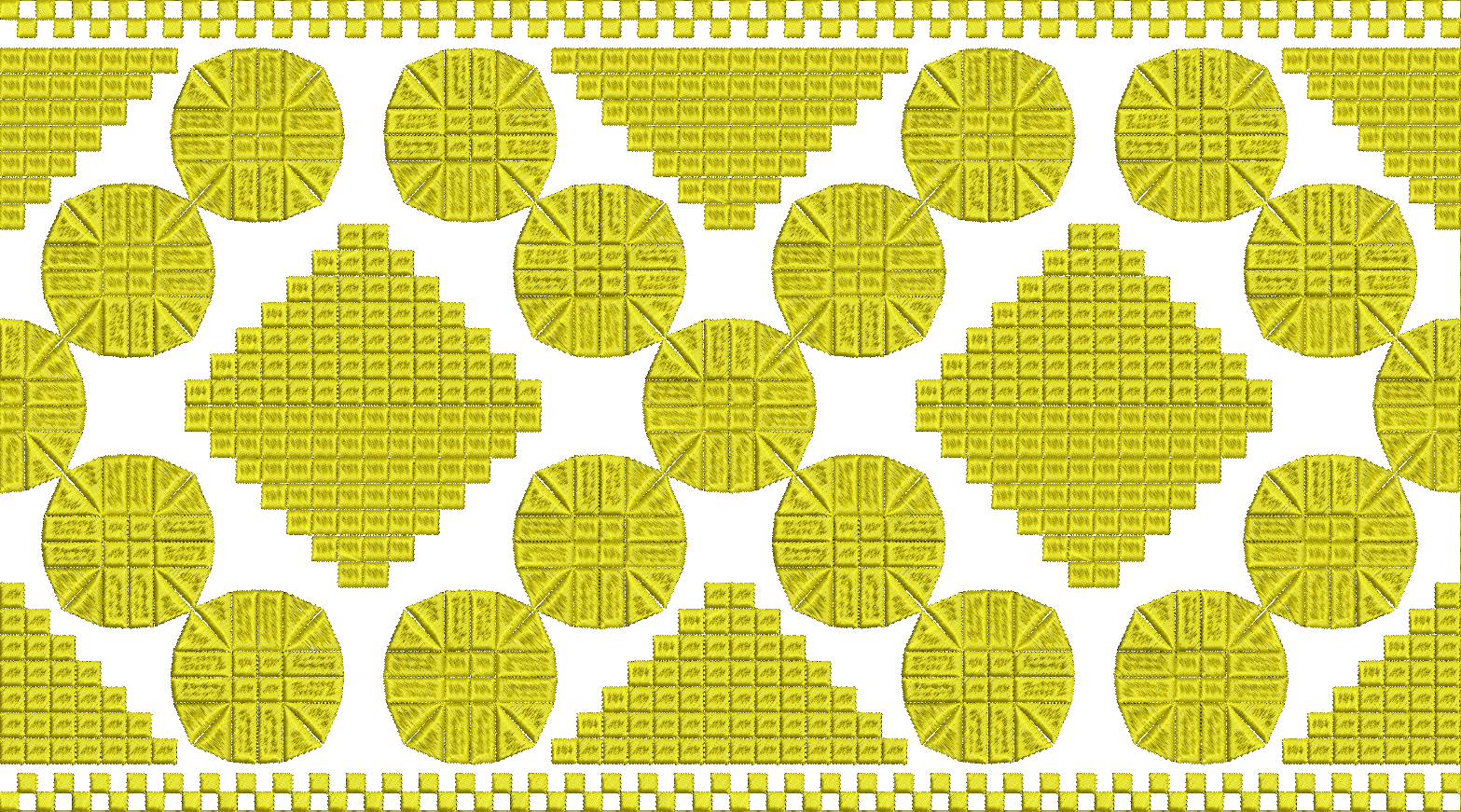 Embroidery design: A repeating geometric embroidery pattern in golden yellow, featuring circles, diamonds, and triangles, with a decorative