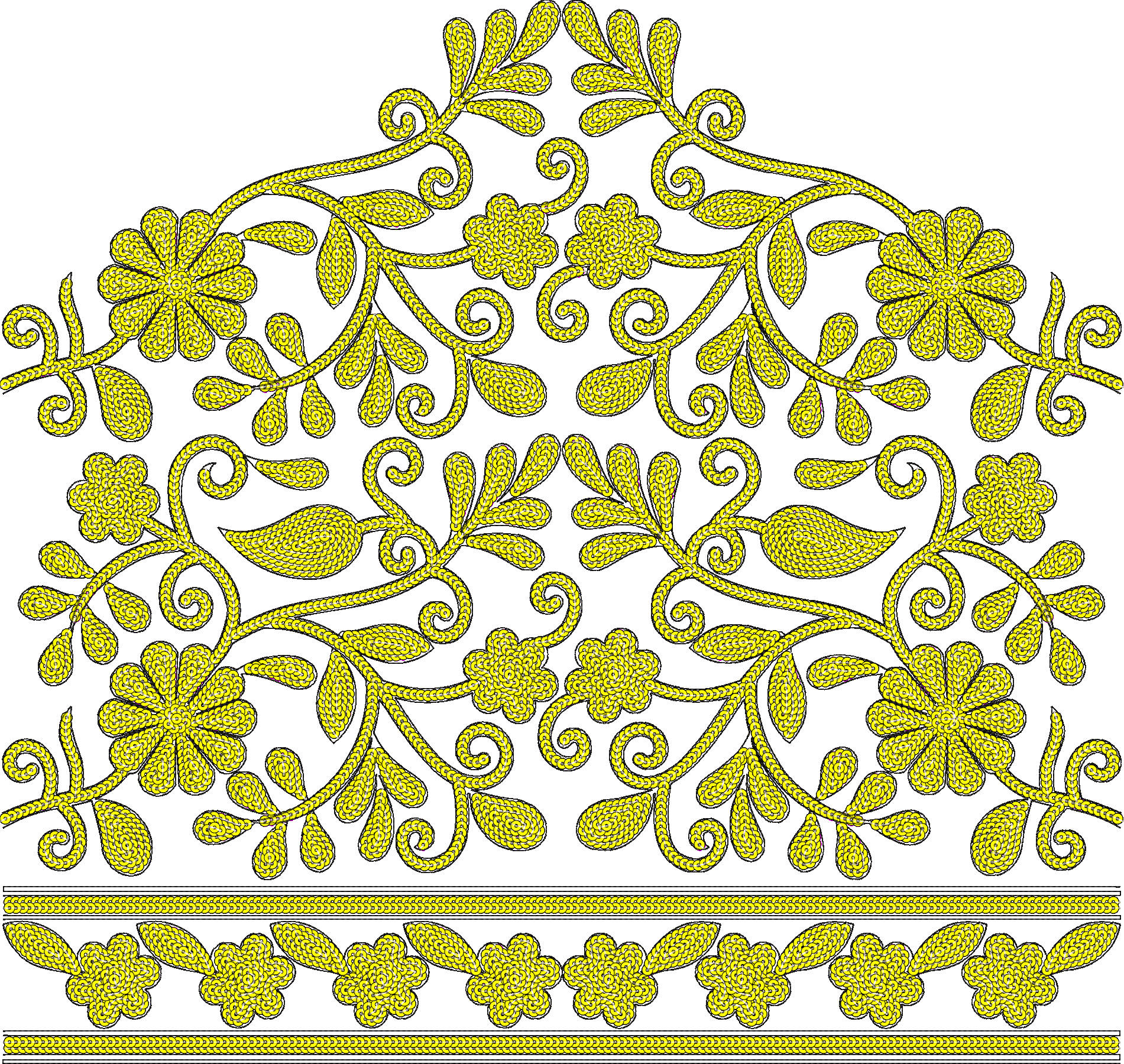 Embroidery design: A decorative yellow embroidery design featuring a symmetrical arrangement of scrolling vines with leaves and flowers, fo