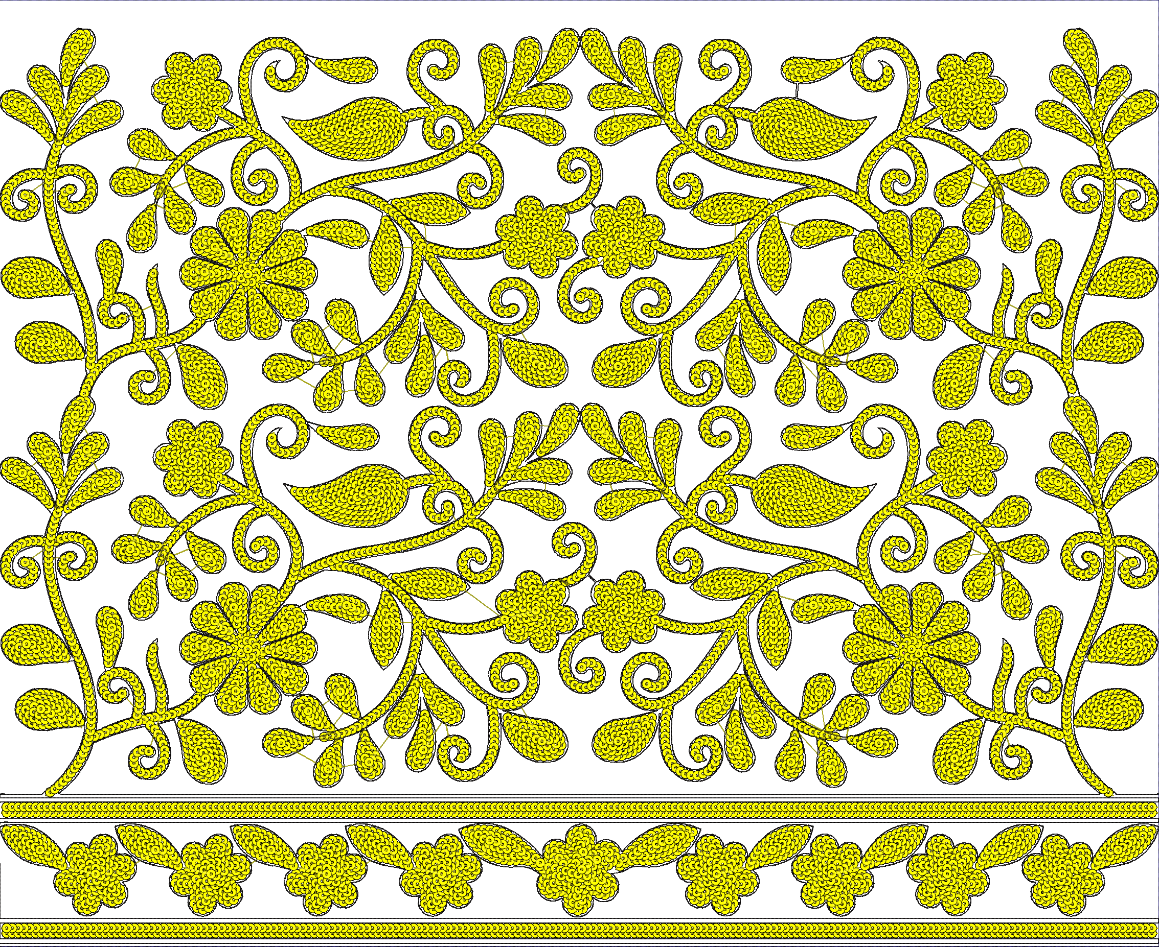 Embroidery design: A yellow embroidery design featuring a dense fill of small circular motifs arranged in a repeating, symmetrical floral a