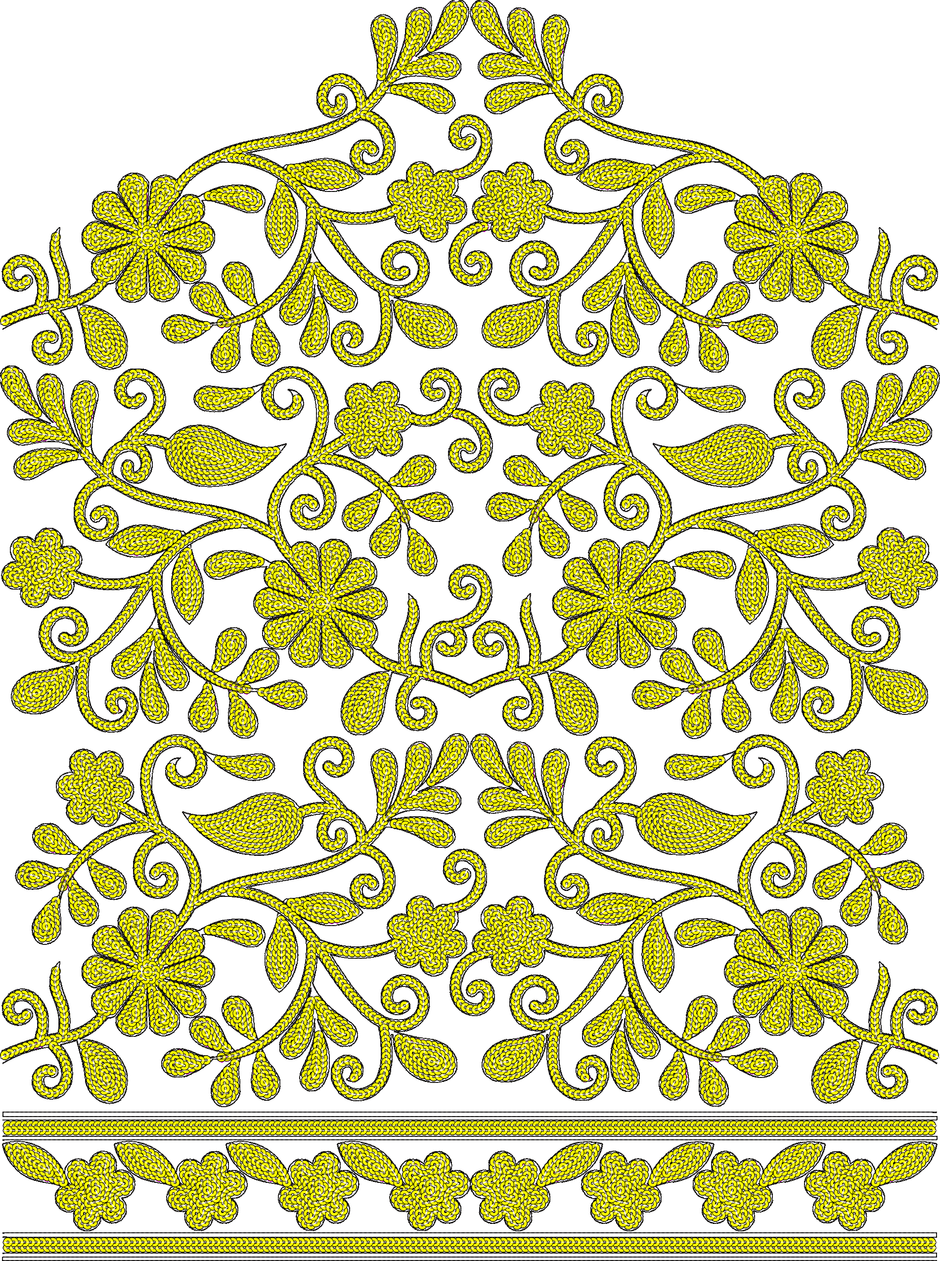 Embroidery design: A symmetrical, repeating embroidery design in yellow featuring floral and botanical elements with swirling vines and a d