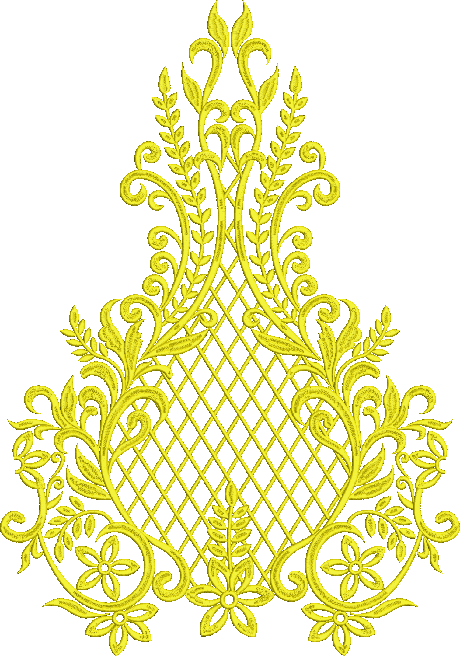 Embroidery design: A symmetrical ornamental embroidery design in yellow, featuring scrolling vines, leaves, and flowers with a central latt