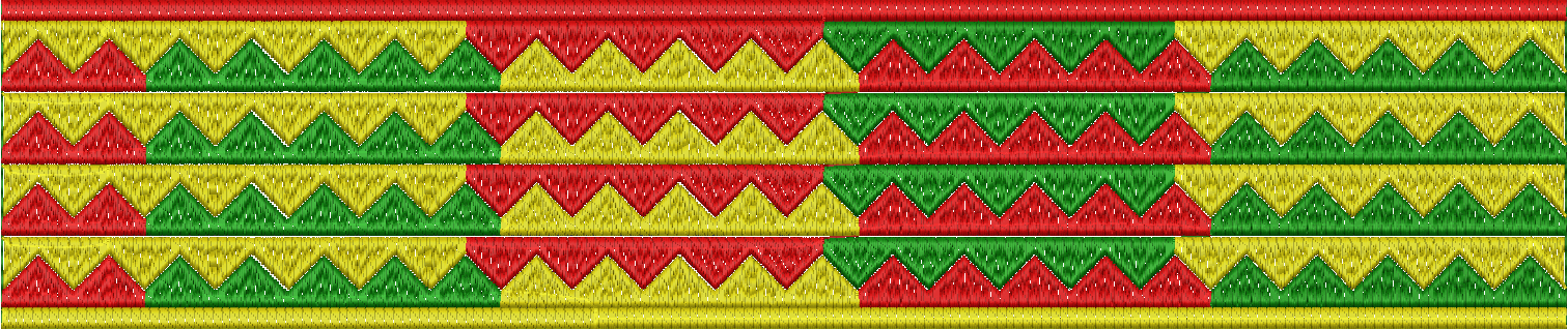 Embroidery design: A horizontal embroidery border with repeating rows of red, yellow, and green chevron or zigzag patterns. The top border 