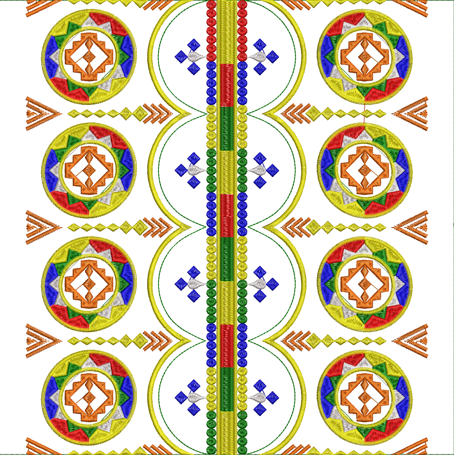 Embroidery design: A decorative embroidery design with repeating symmetrical medallions in geometric patterns. Colors include red, blue, gr