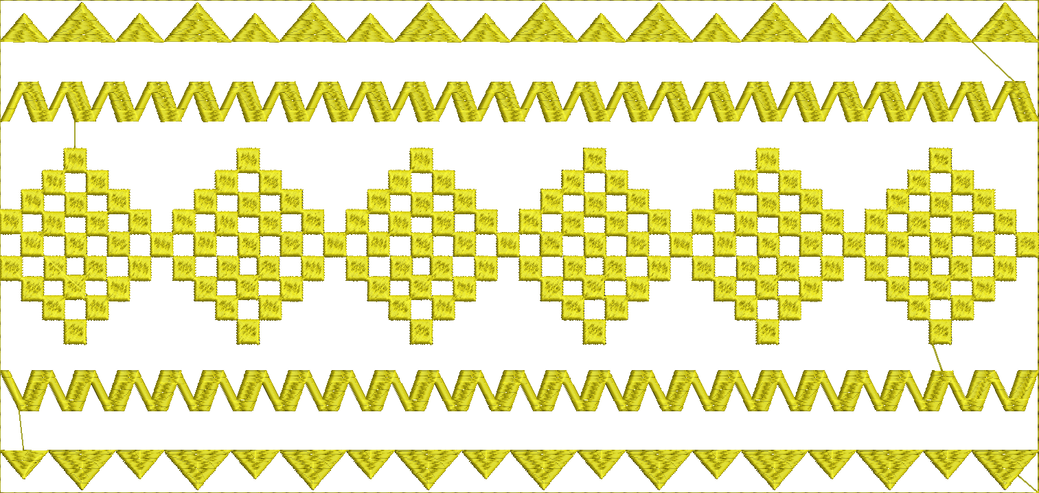 Embroidery design: A yellow geometric embroidery design featuring repeating borders of triangles, chevrons, and diamonds.