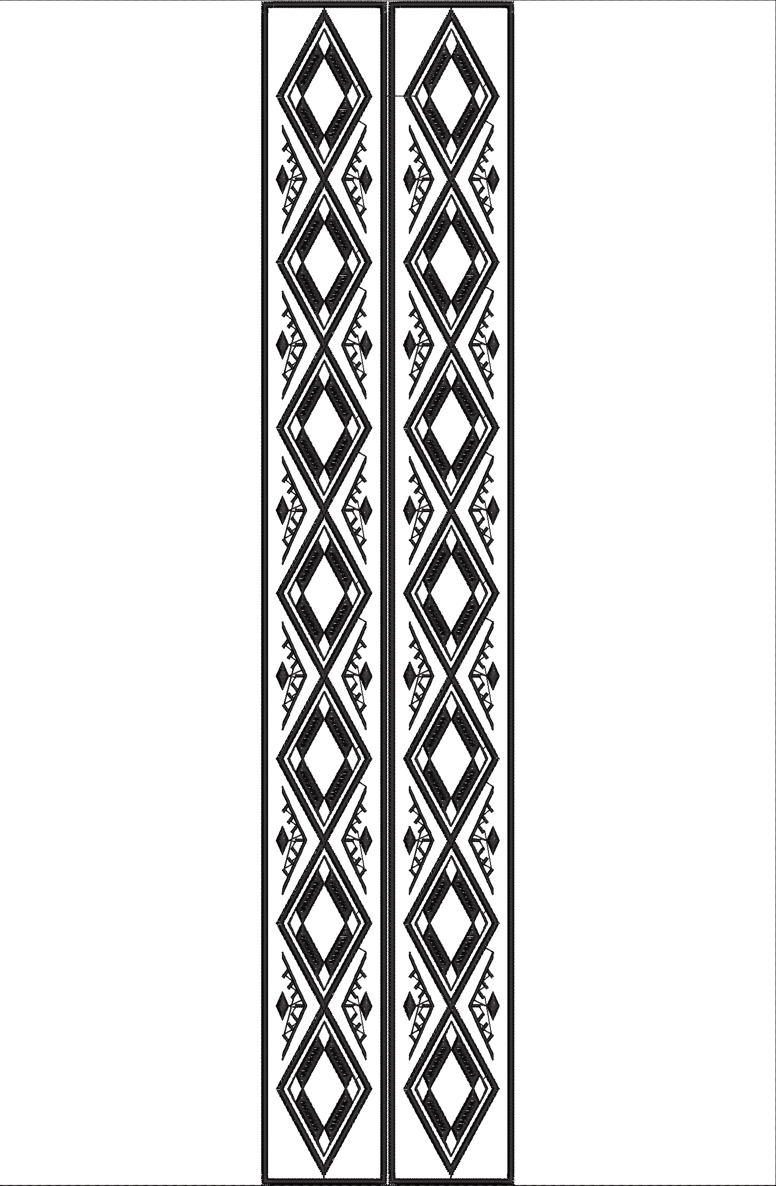 Embroidery design: A black and white embroidery design featuring two identical vertical borders with a repeating geometric diamond pattern.