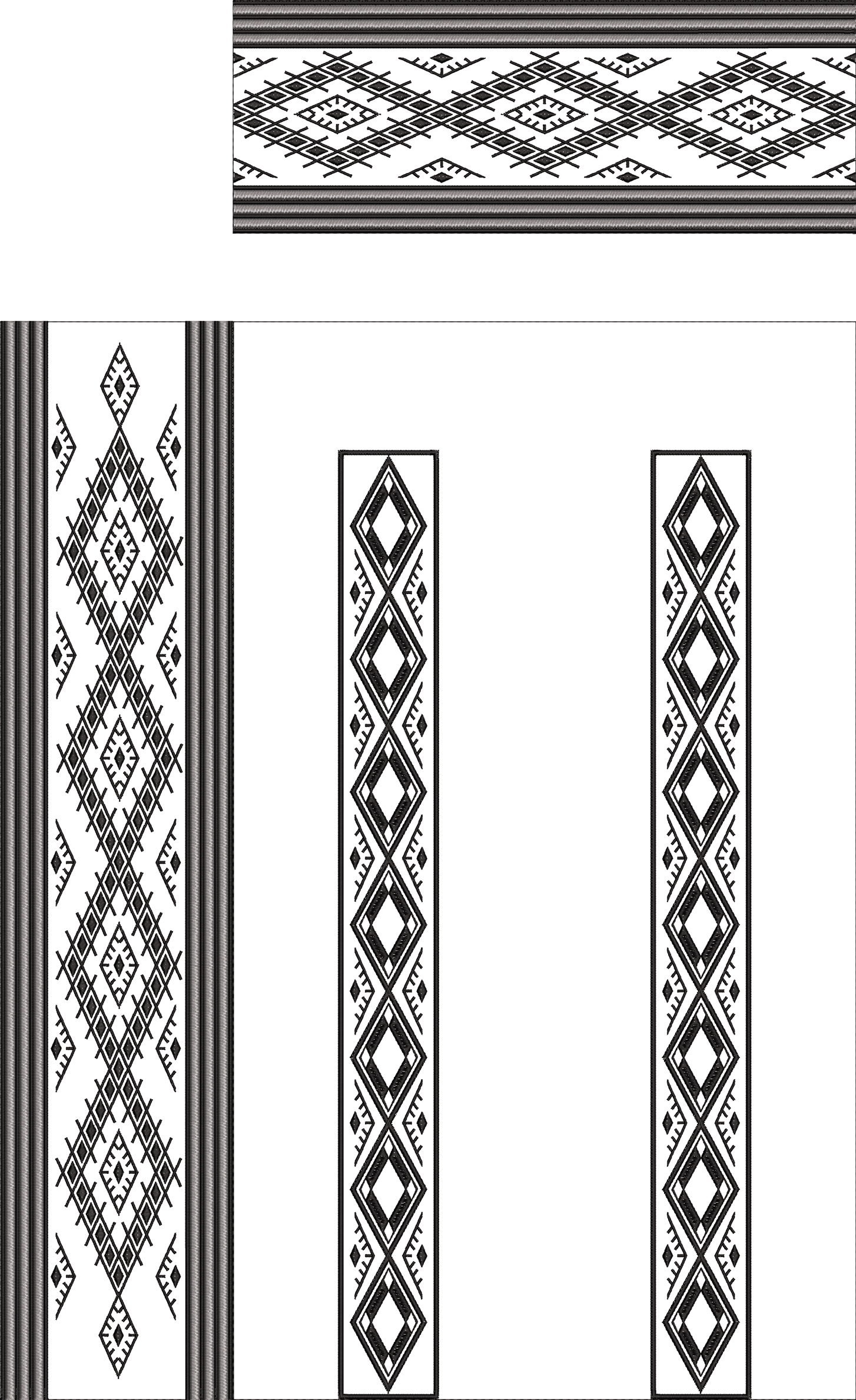 Embroidery design: A black and white embroidery design featuring geometric patterns with diamonds and lines, presented as a decorative bord